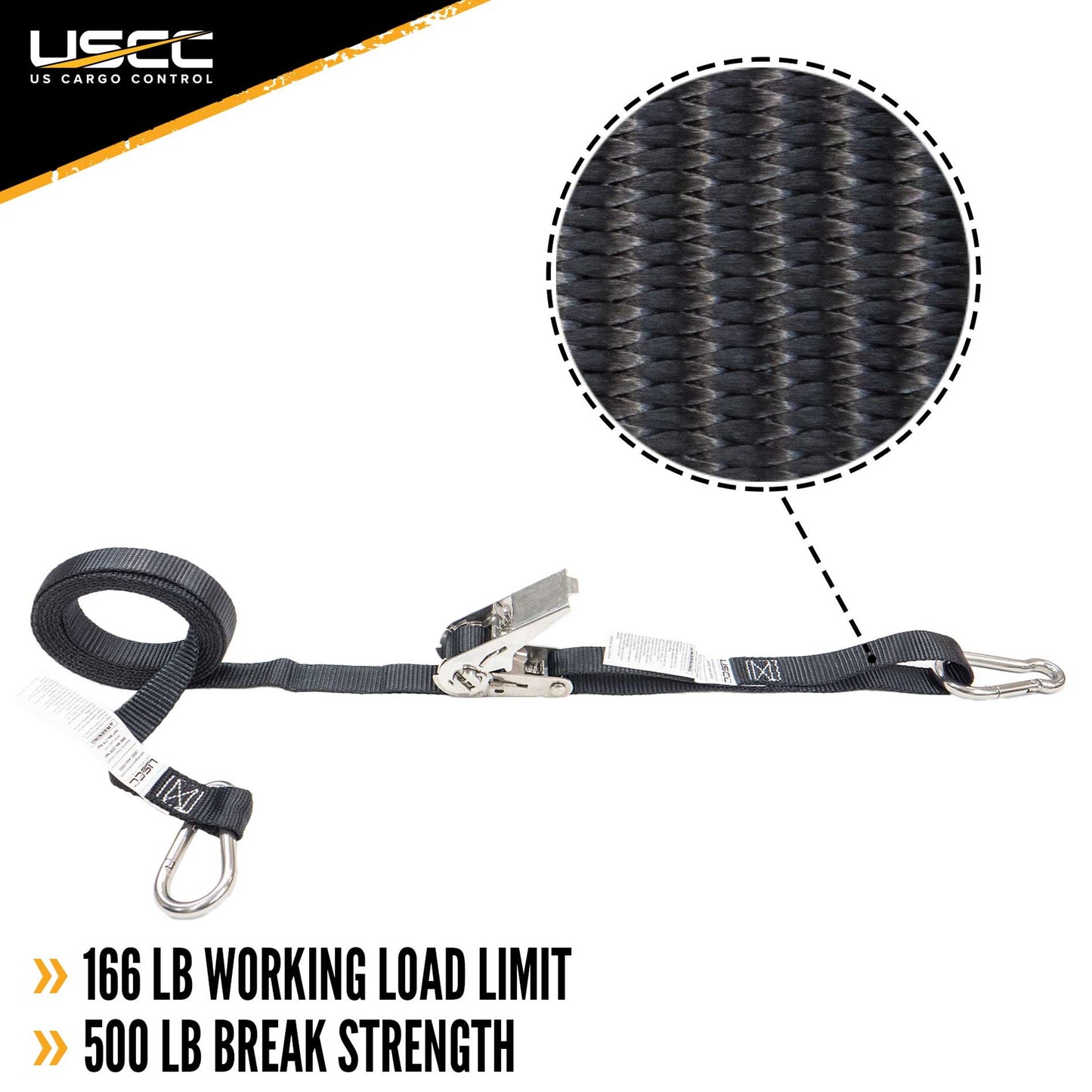 1" x 10' Black Stainless Steel Thumb Ratchet Strap w/ Carabiner Clips image 2 of 10