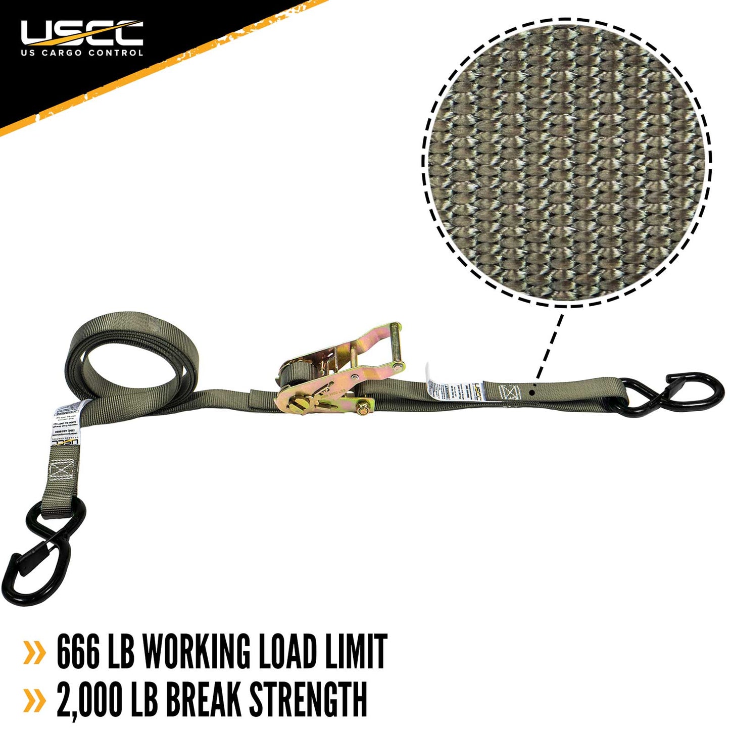 1" x 8' Olive Ratchet Strap w/ Vinyl Coated S-Hooks and Keepers