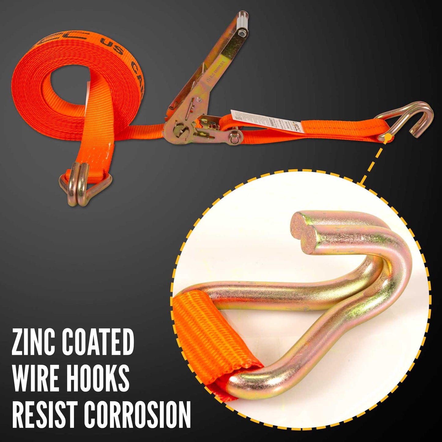 2" x 30' Ratchet Strap with Long Wire Hooks | Orange
