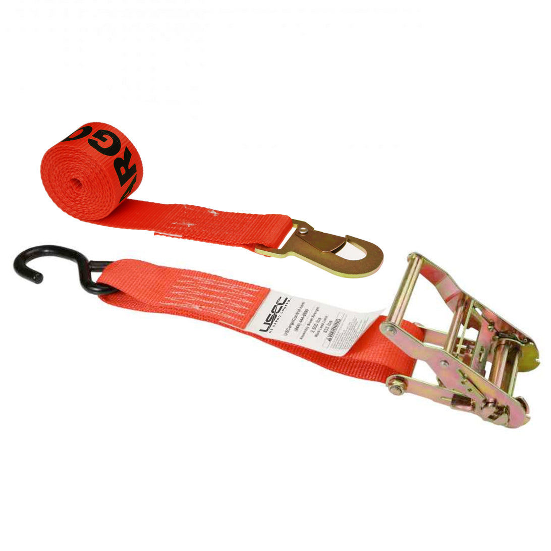 8' ratchet strap -  2" red s hooks and flat snap hook ratchet strap