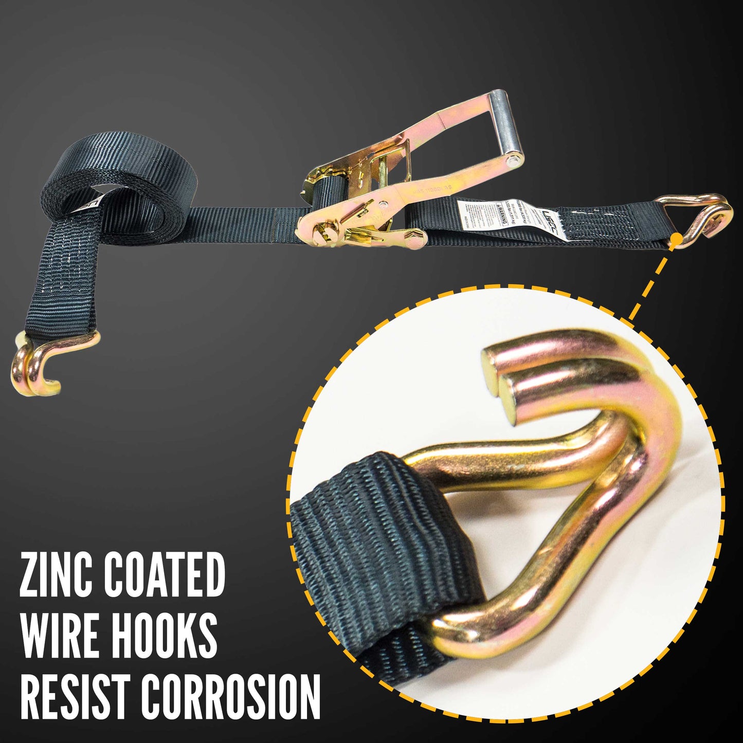12' ratchet strap - zinc coated wire hooks resist corrosion