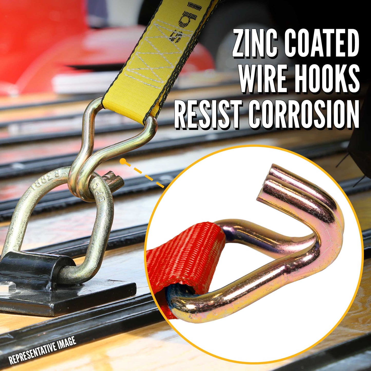 40' winch strap - zinc coated wire hooks resist corrosion