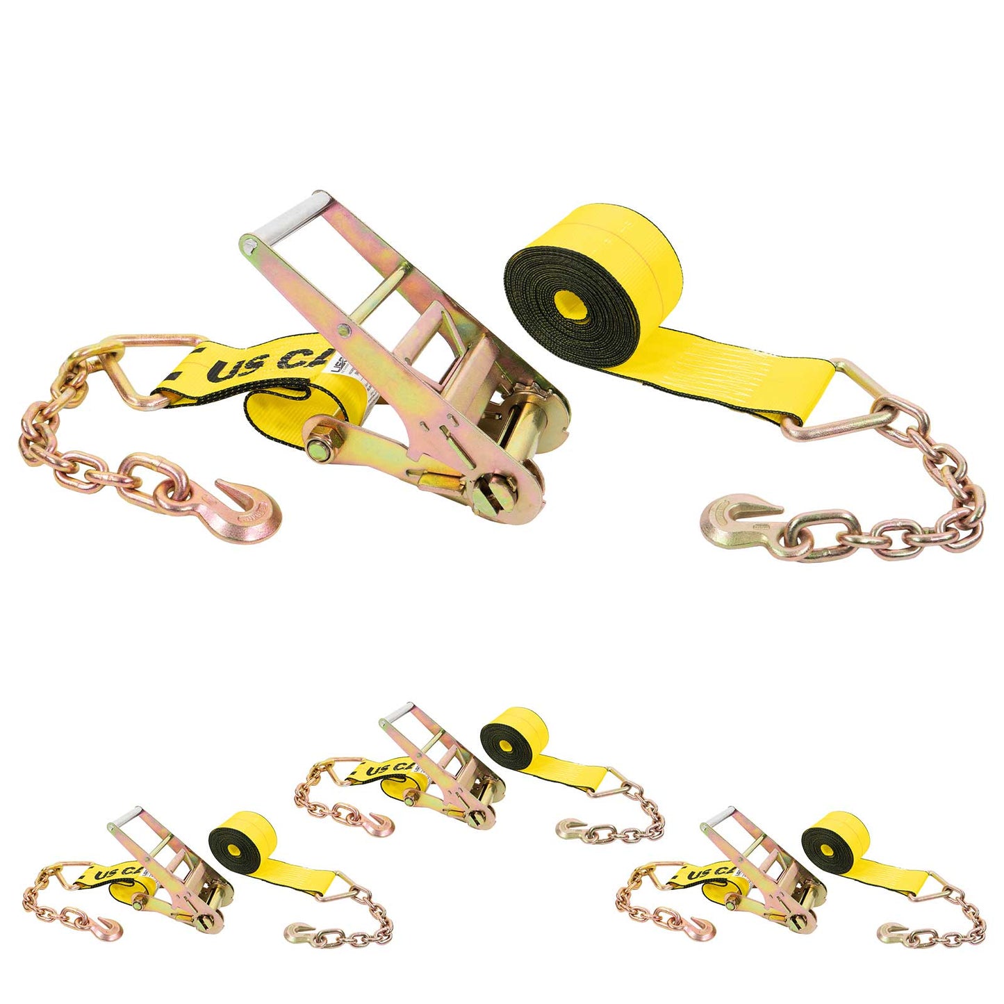 4" x 20' Ratchet Strap with 18" Chain Extensions | Yellow | 4-Pack