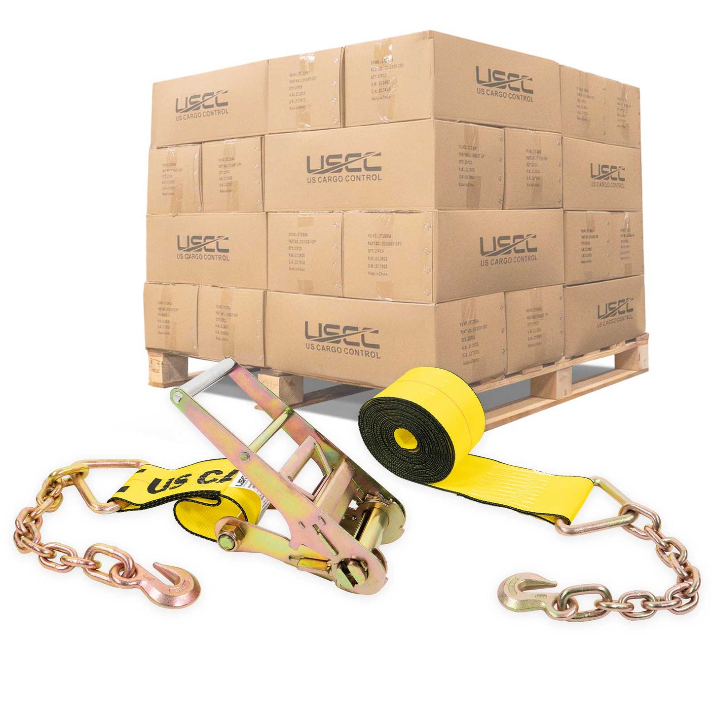 4" x 20' Ratchet Strap with 18" Chain Extensions | Yellow | 90-Pack (Pallet)