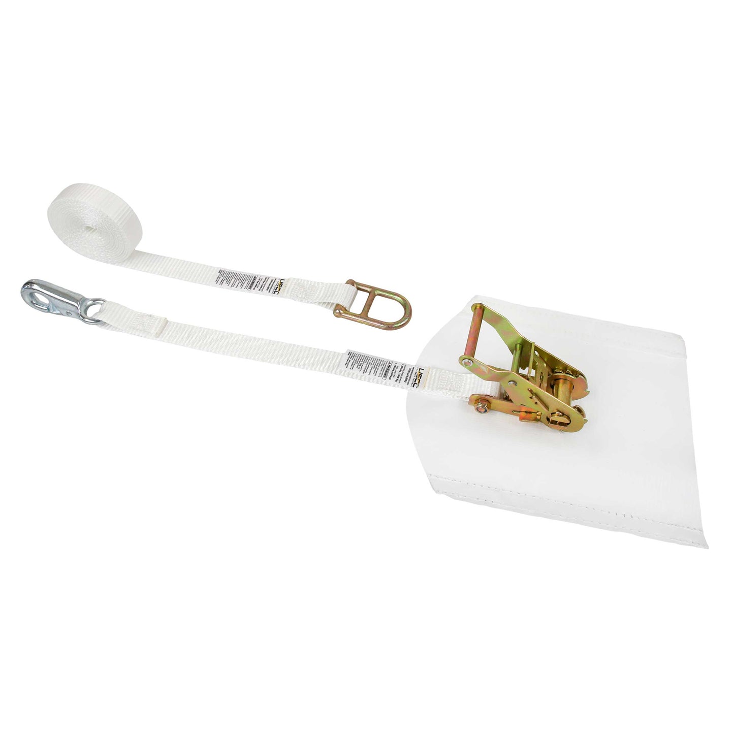 1" x 12' White Tent Strap w/ Cover, Bull Nose Hook & Double D-Ring