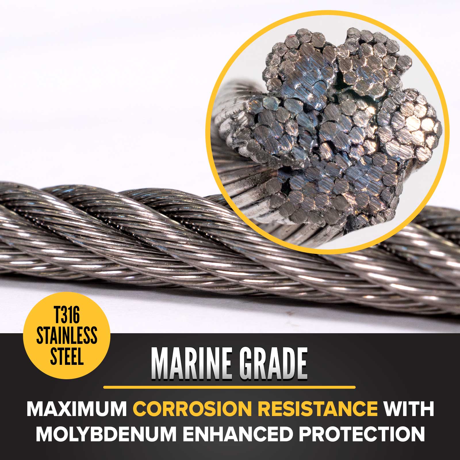 1/4" type 316 stainless steel wire rope has marine grade corrosion resistance