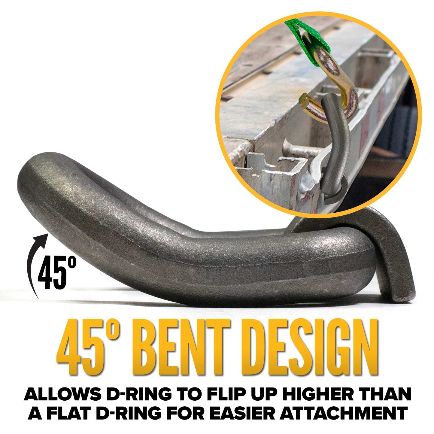 1" Bent Weldable D-Ring with Mounting Clip - 47,600 lbs. BS | 50-Pack