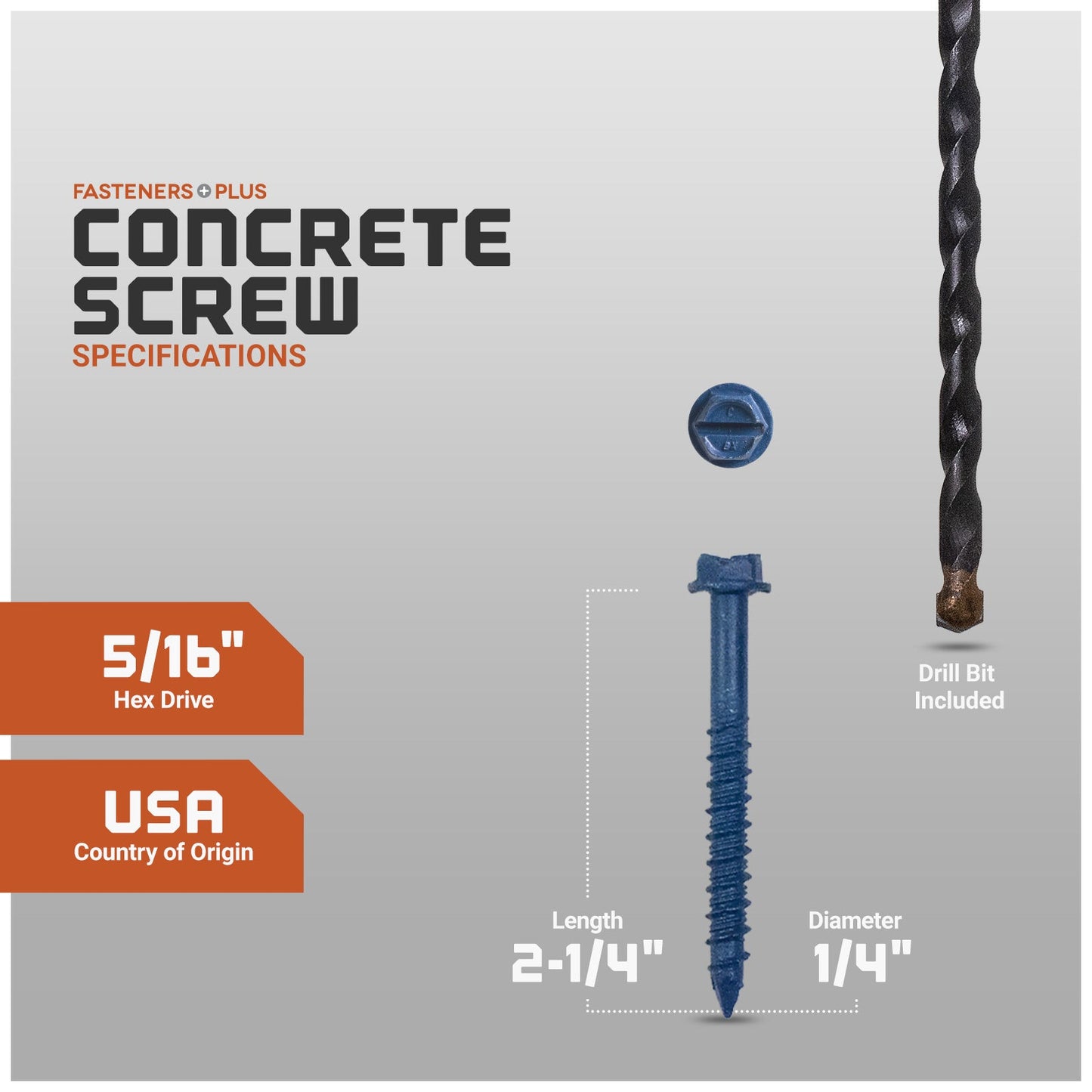Concrete screw with specifications and drill bit included on a gray background
