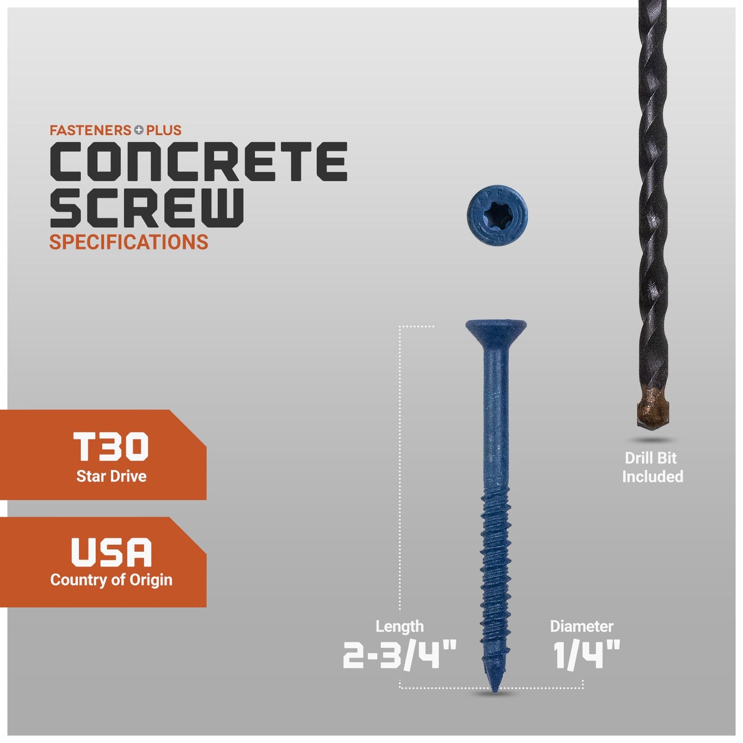 Concrete screw with specifications and drill bit included on a gray background