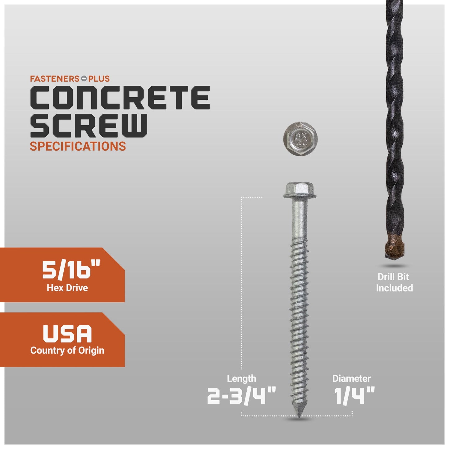 Concrete screw with specifications and drill bit included on a gray background
