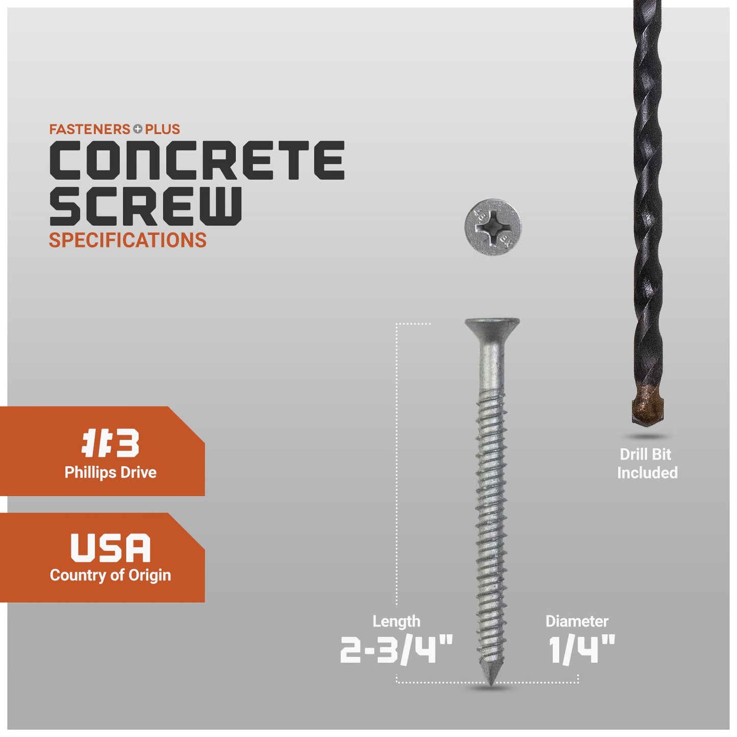 Concrete screw with specifications and drill bit included on a gray background