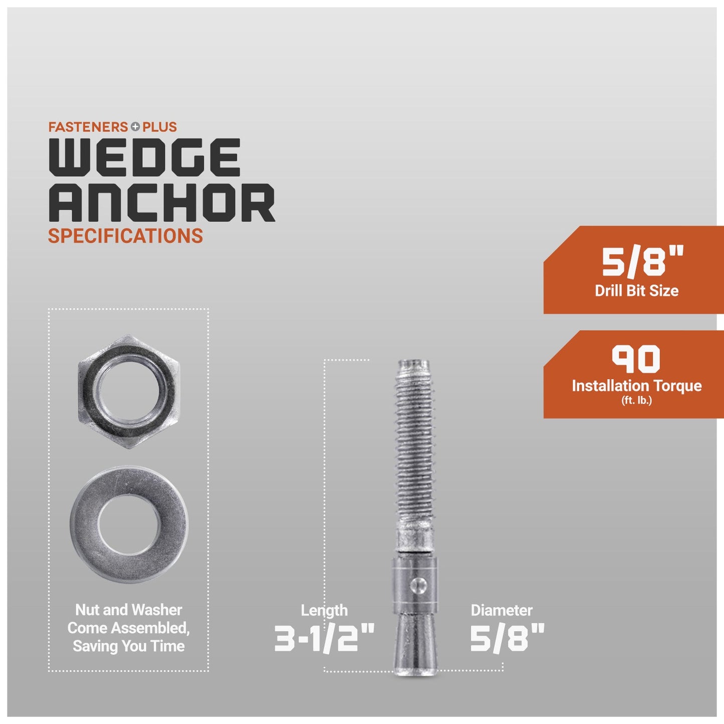 wedge anchor specifications, nut and washer come assembled saving you time
