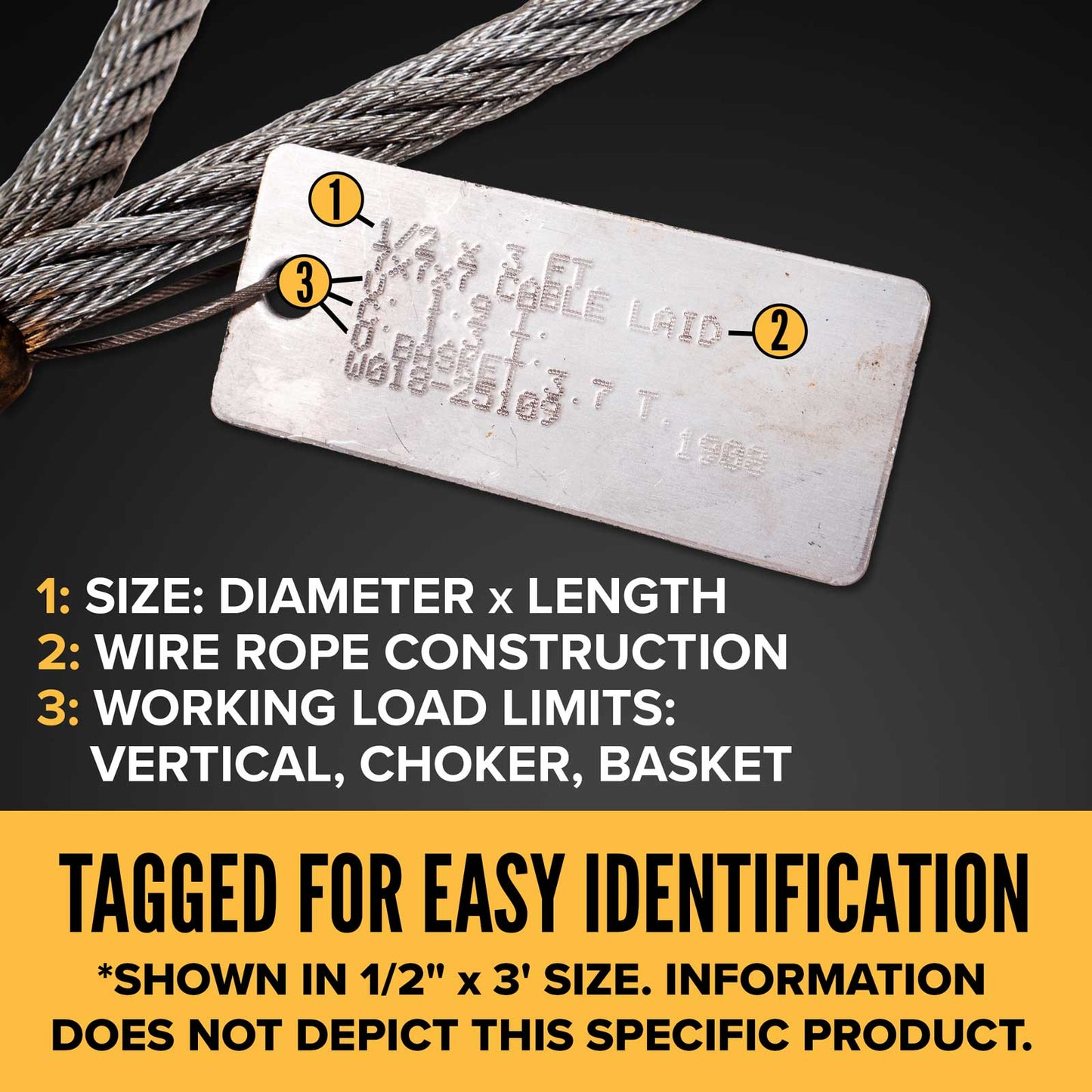 10' 1/2" 7x7x7 wire rope sling tagged for easy identification