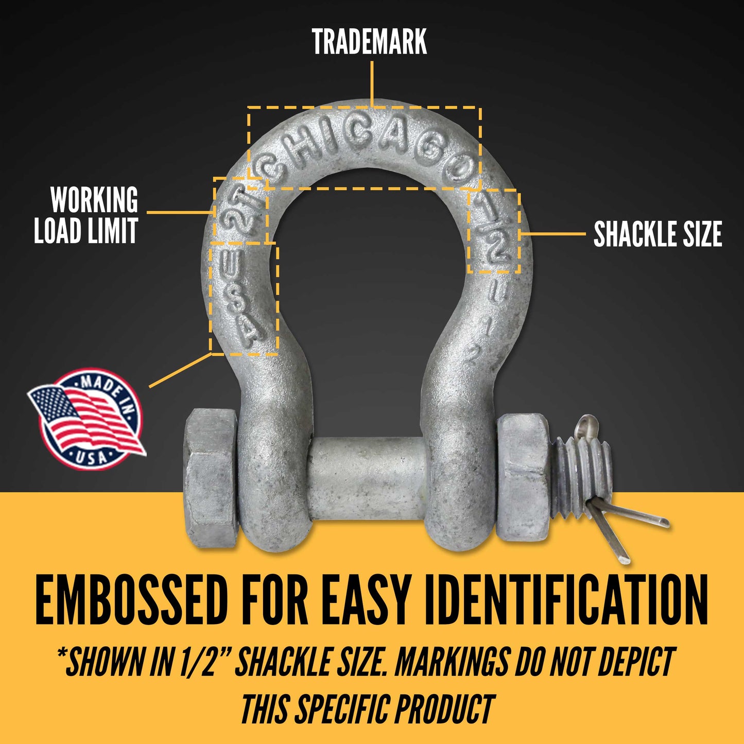 Bolt Type Anchor Shackle - Chicago Hardware - 1/4" Galvanized Steel - .5 Ton embossed for easy identification