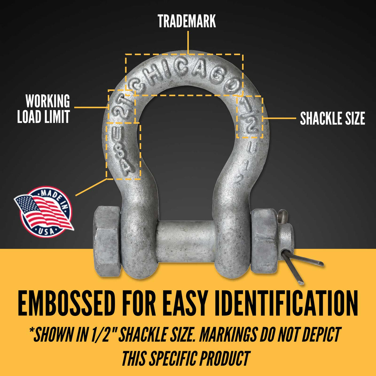 Bolt Type Anchor Shackle - Chicago Hardware - 1-1/4" Galvanized Steel - 12 Ton embossed for easy identification