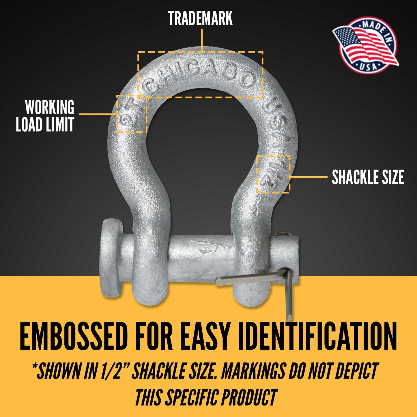 Anchor Shackle - Chicago Hardware - Round Pin - 7/16" Galvanized Steel - 1.5 Ton embossed for easy identification
