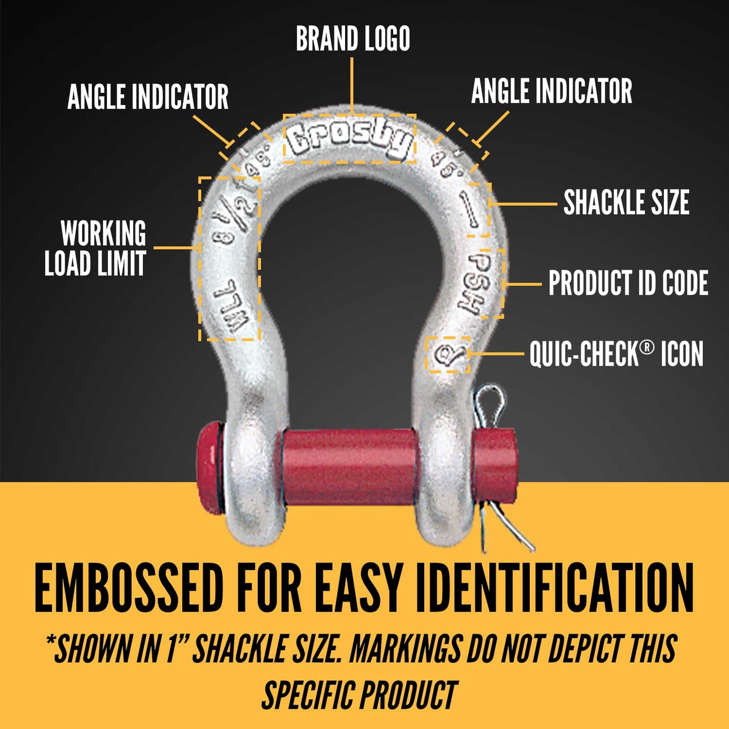 1-1/8" Crosby® Round Pin Anchor Shackle | G-213 - 9.5 Ton embossed for easy identification