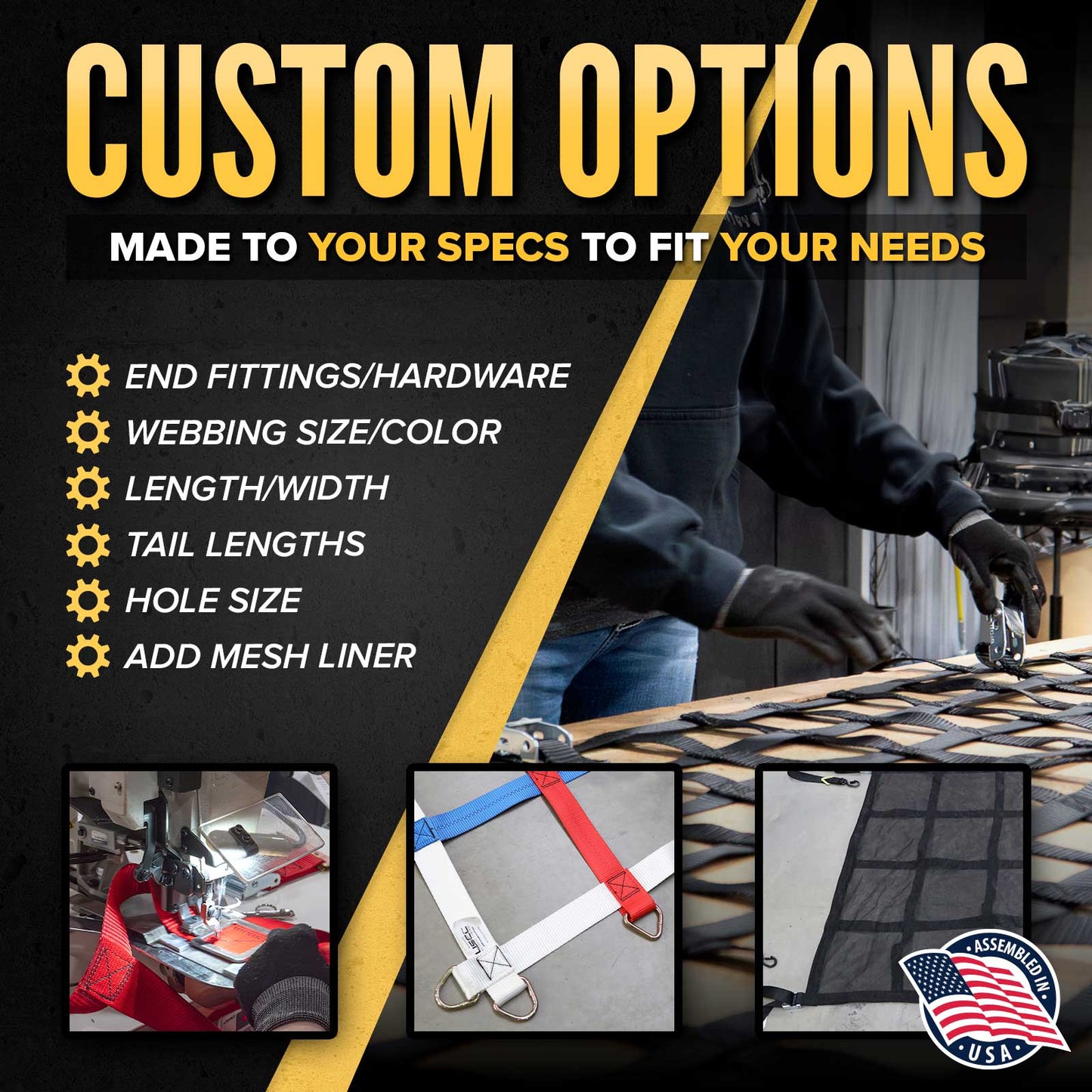 82" x 82" Heavy-Duty Cargo Net with Center Opening | Ratchets & E-Track Fittings