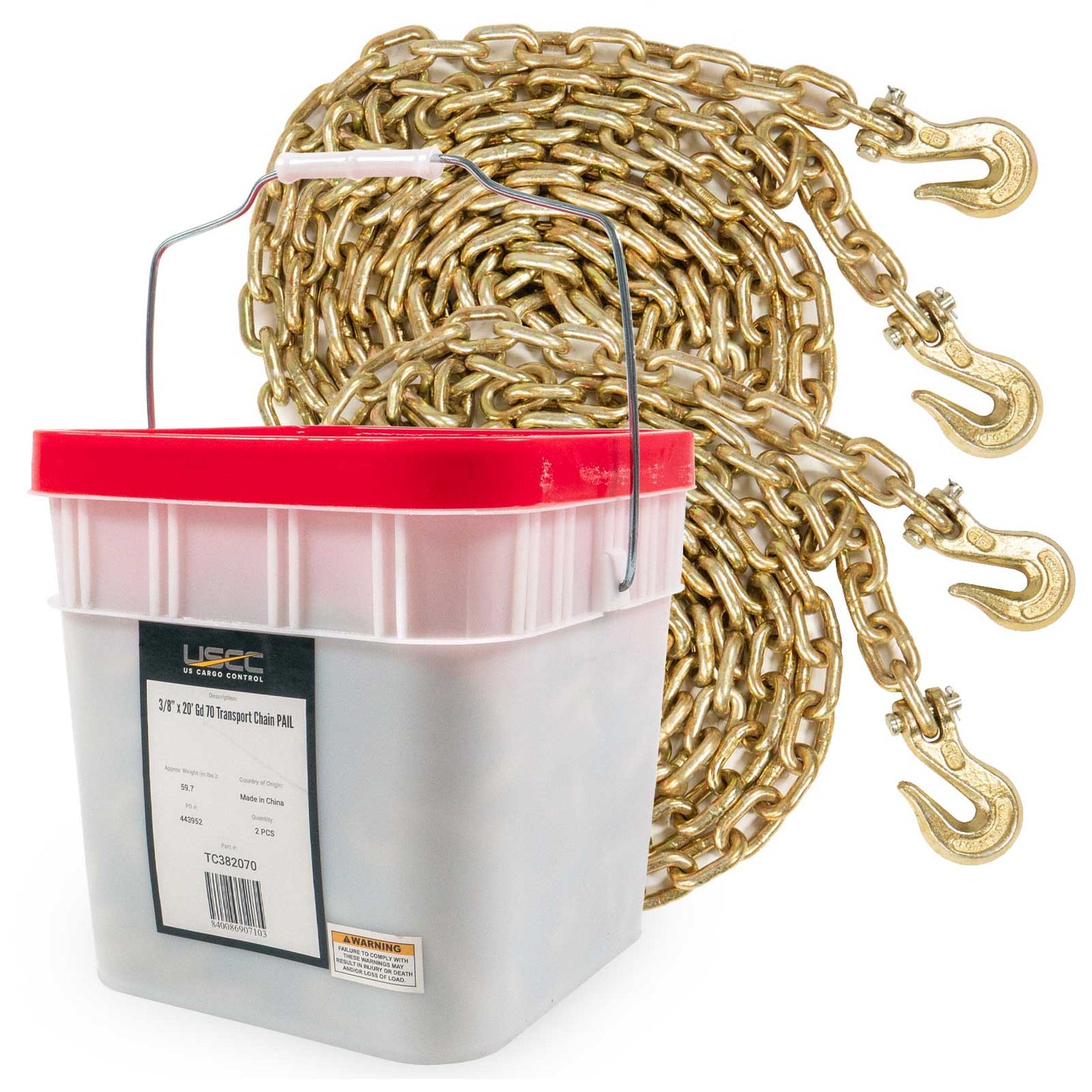 3/8" x 20' Grade 70 Transport Chain with Clevis Grab Hooks | 2-Pack