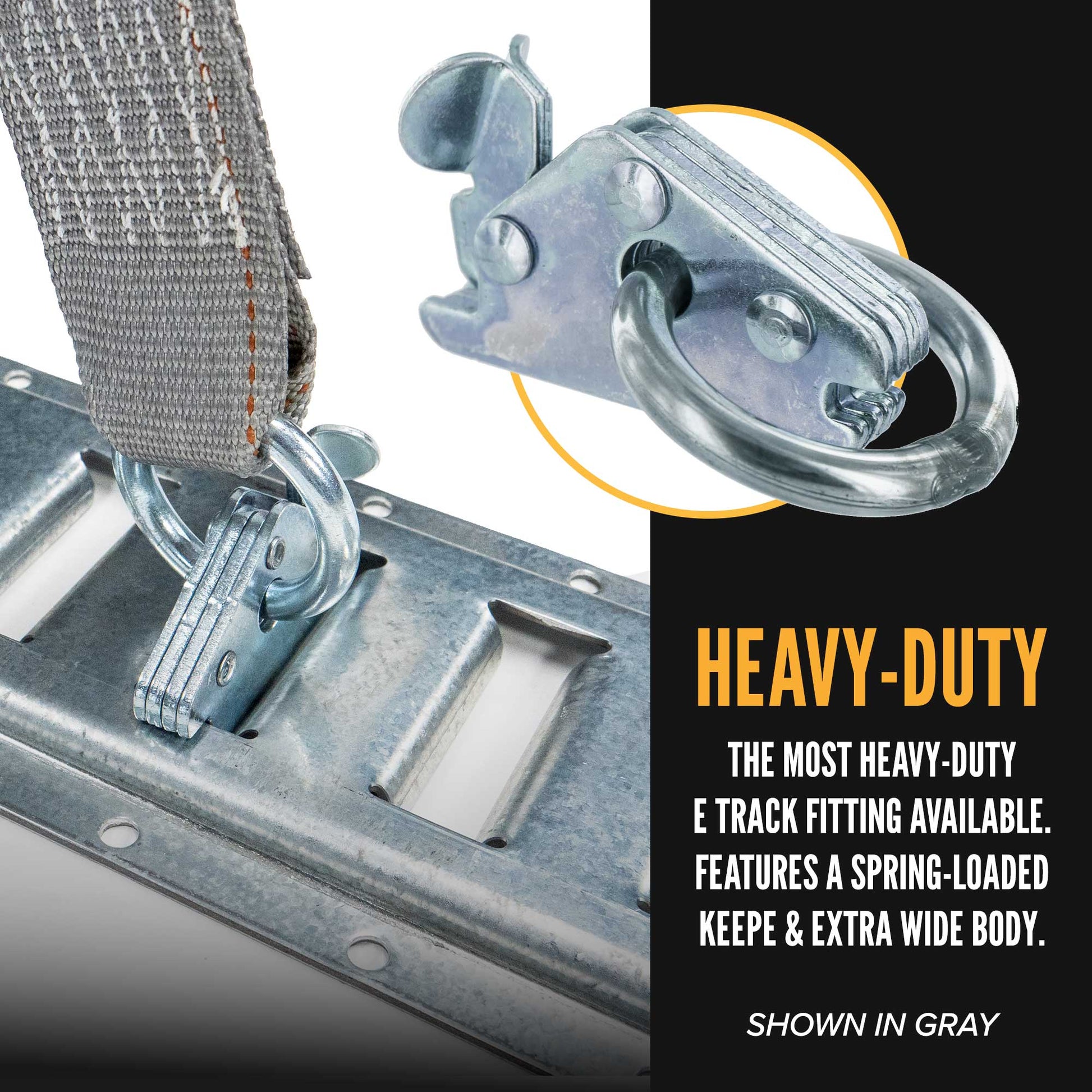 heavy-duty e tracking fitting features spring loaded keeper