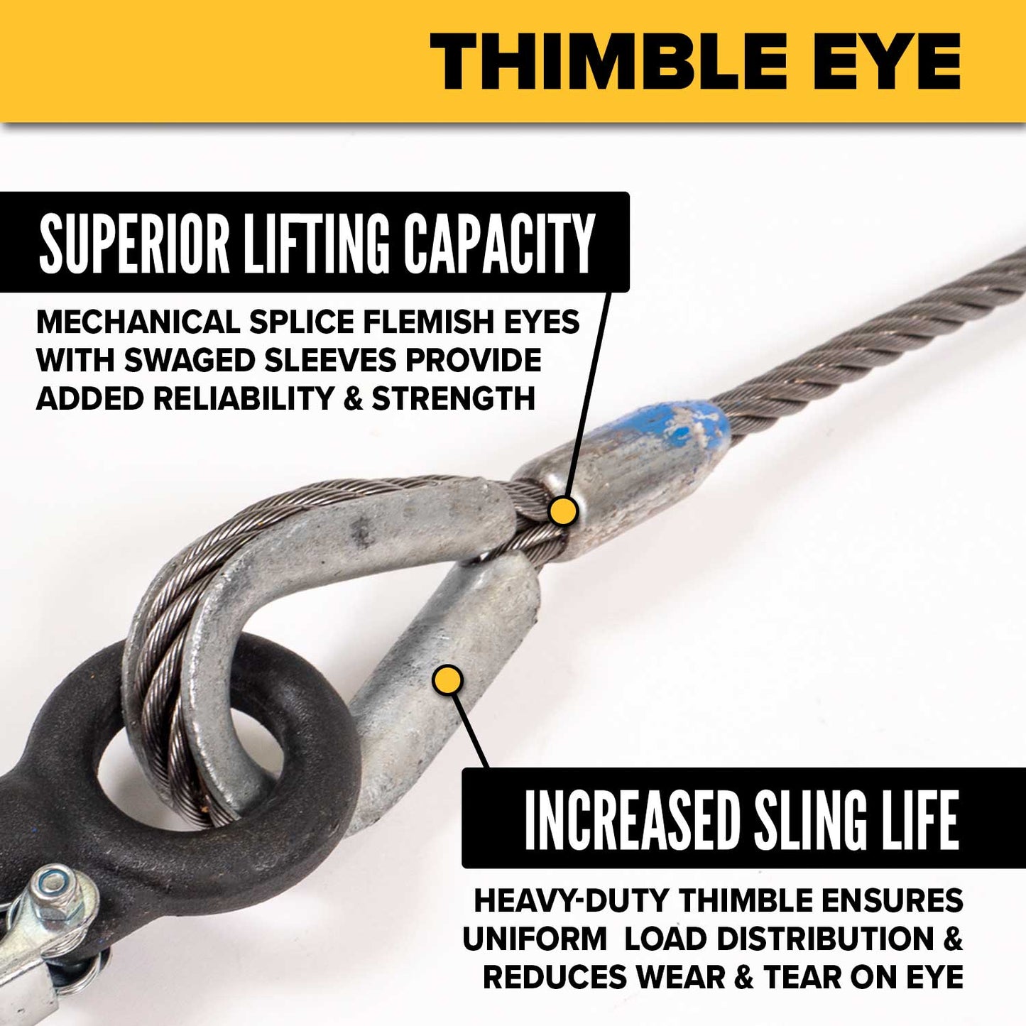 2' 1/4" thimble eye protects single leg hook sling