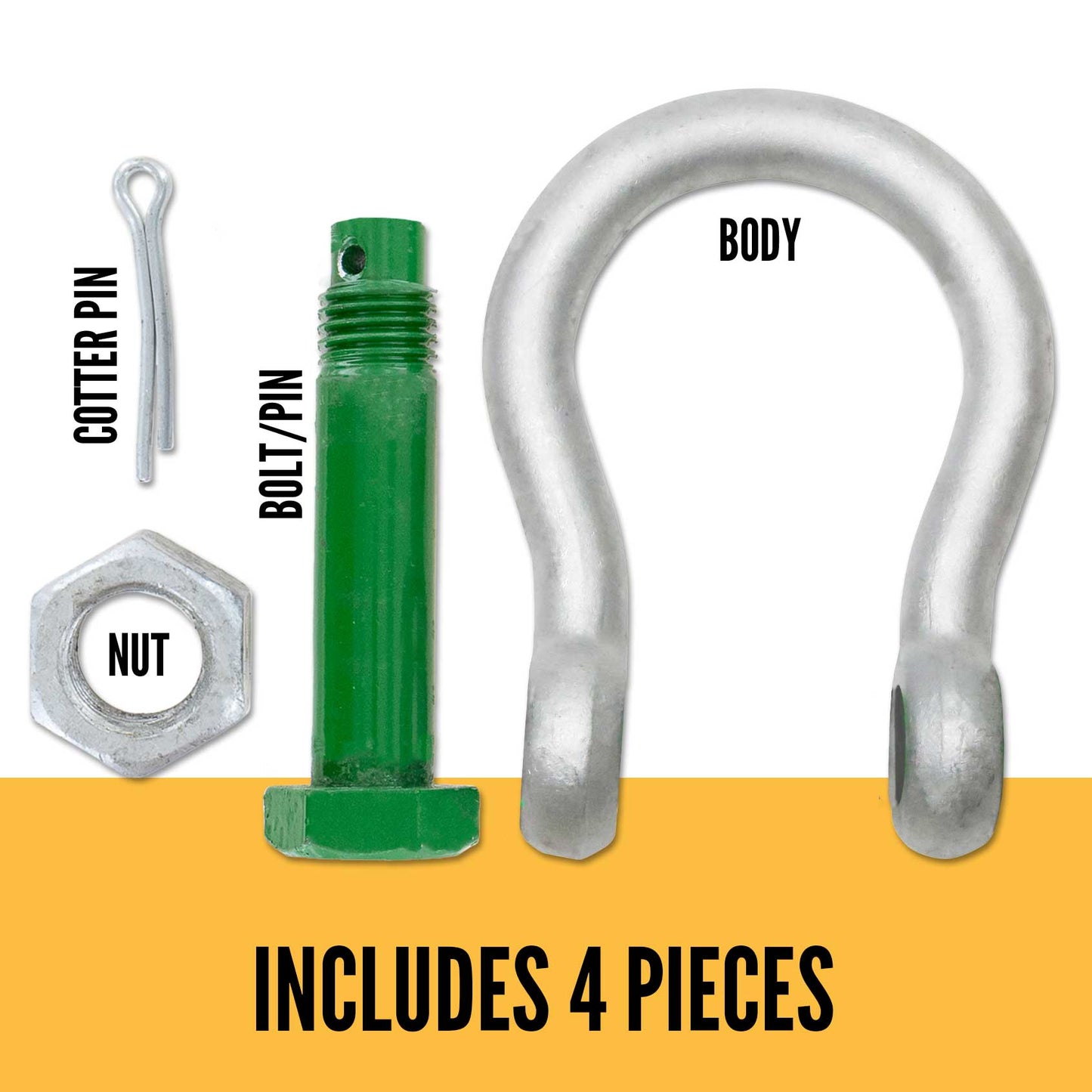 7/8" Van Beest Green Pin® Bolt Type Wide Mouth Towing Shackle | G-4263 - 4.75 Ton parts of a shackle