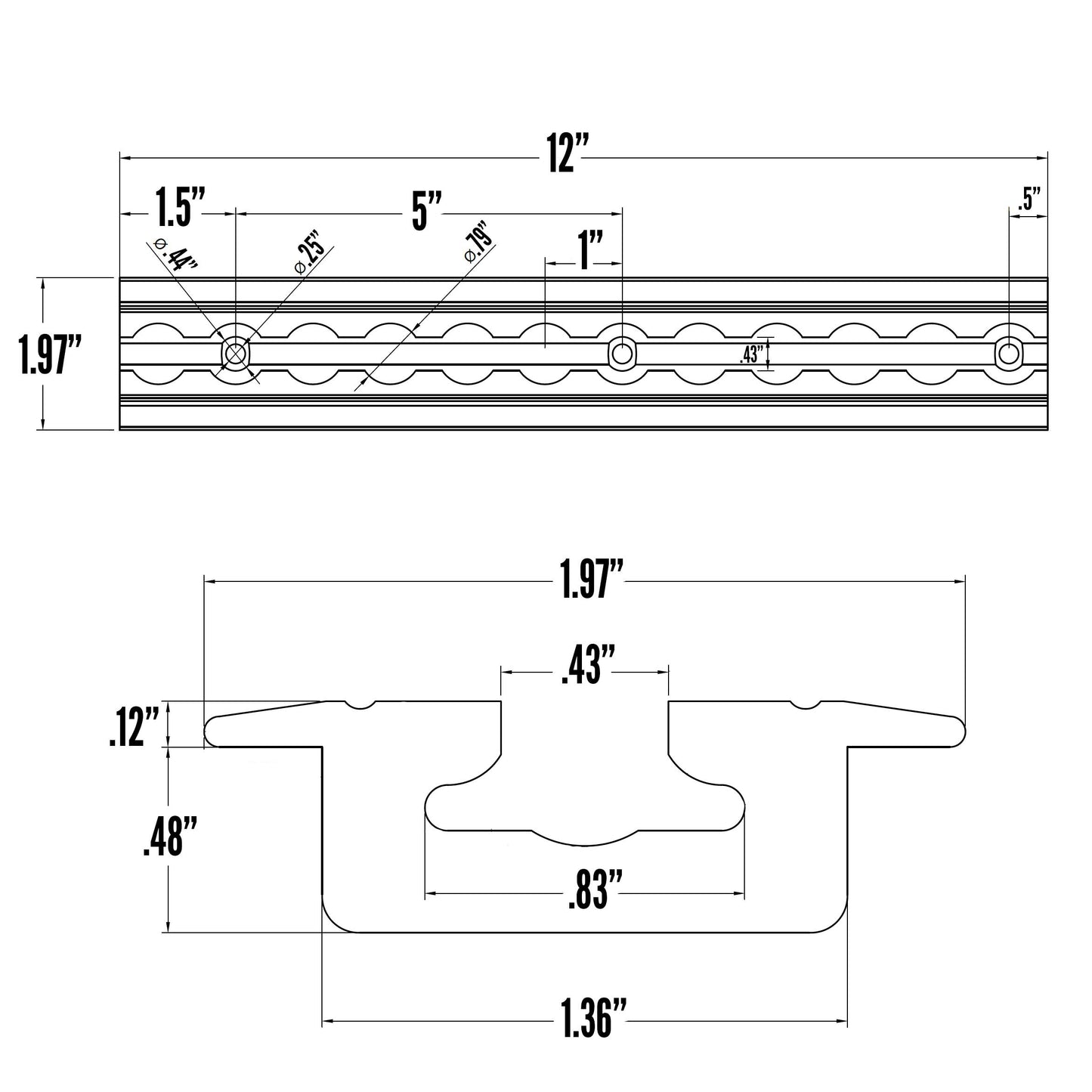 12" Flanged Airline-Style Track - Aluminum