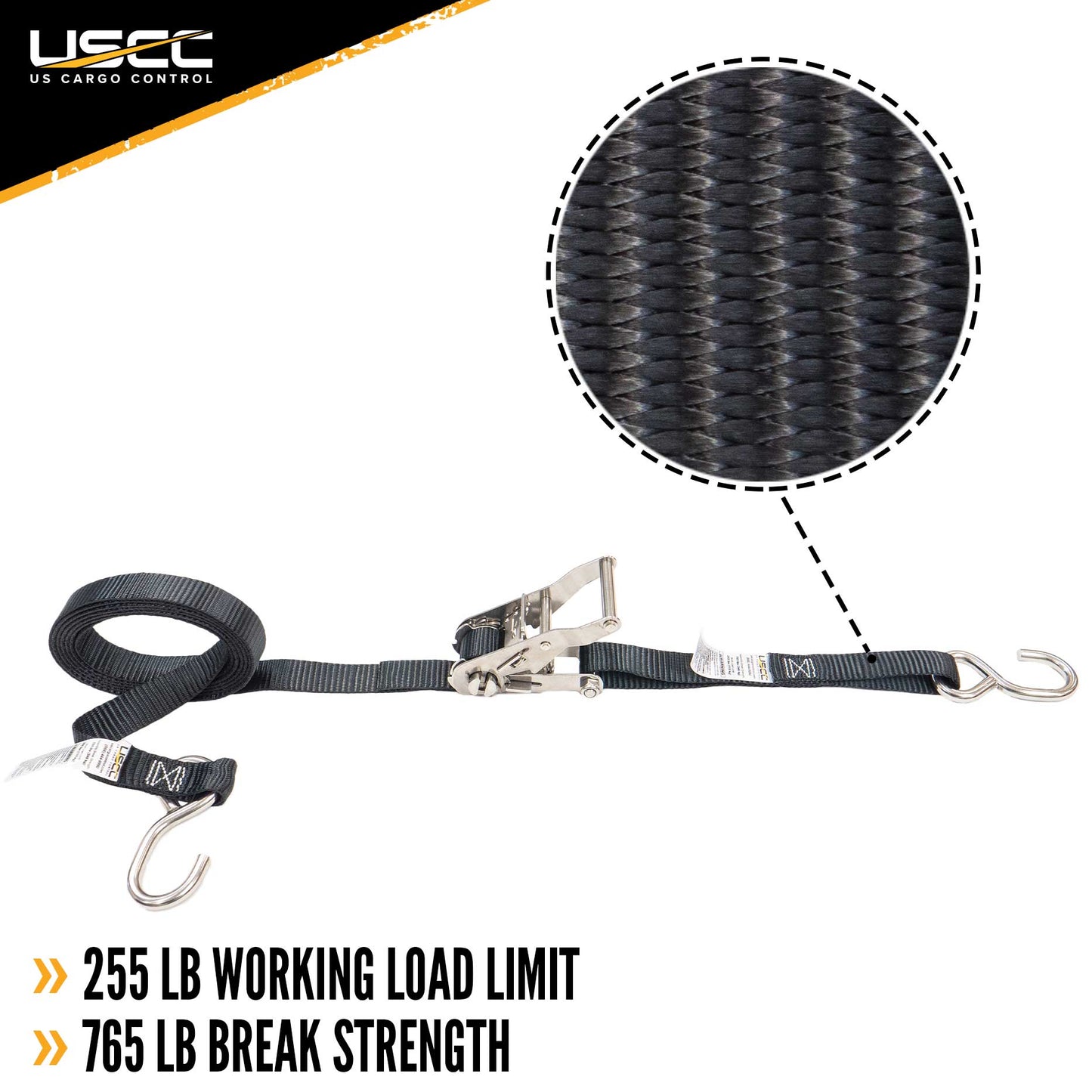 1" x 10' Black Ratchet Strap w/ Stainless Steel Ratchet & S-Hooks