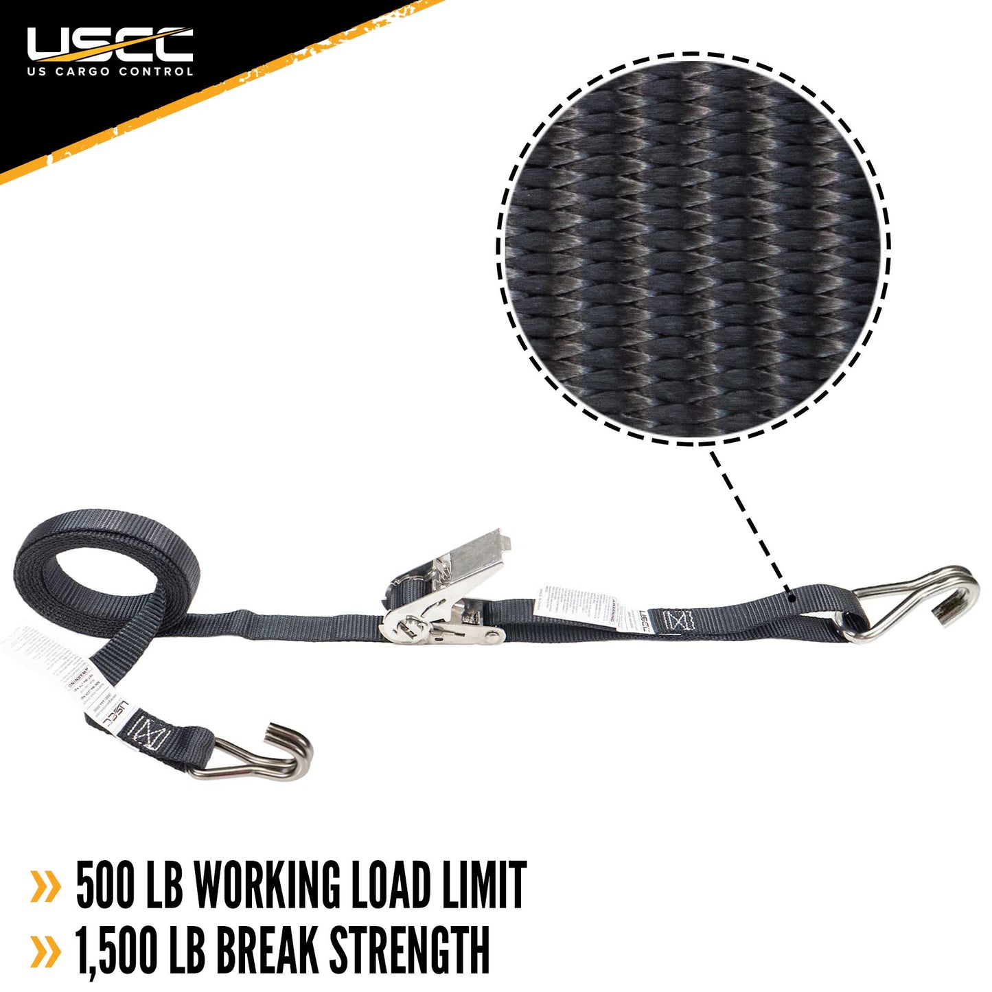1" x 10' Black Stainless Steel Thumb Ratchet Strap w/ Wire Hooks