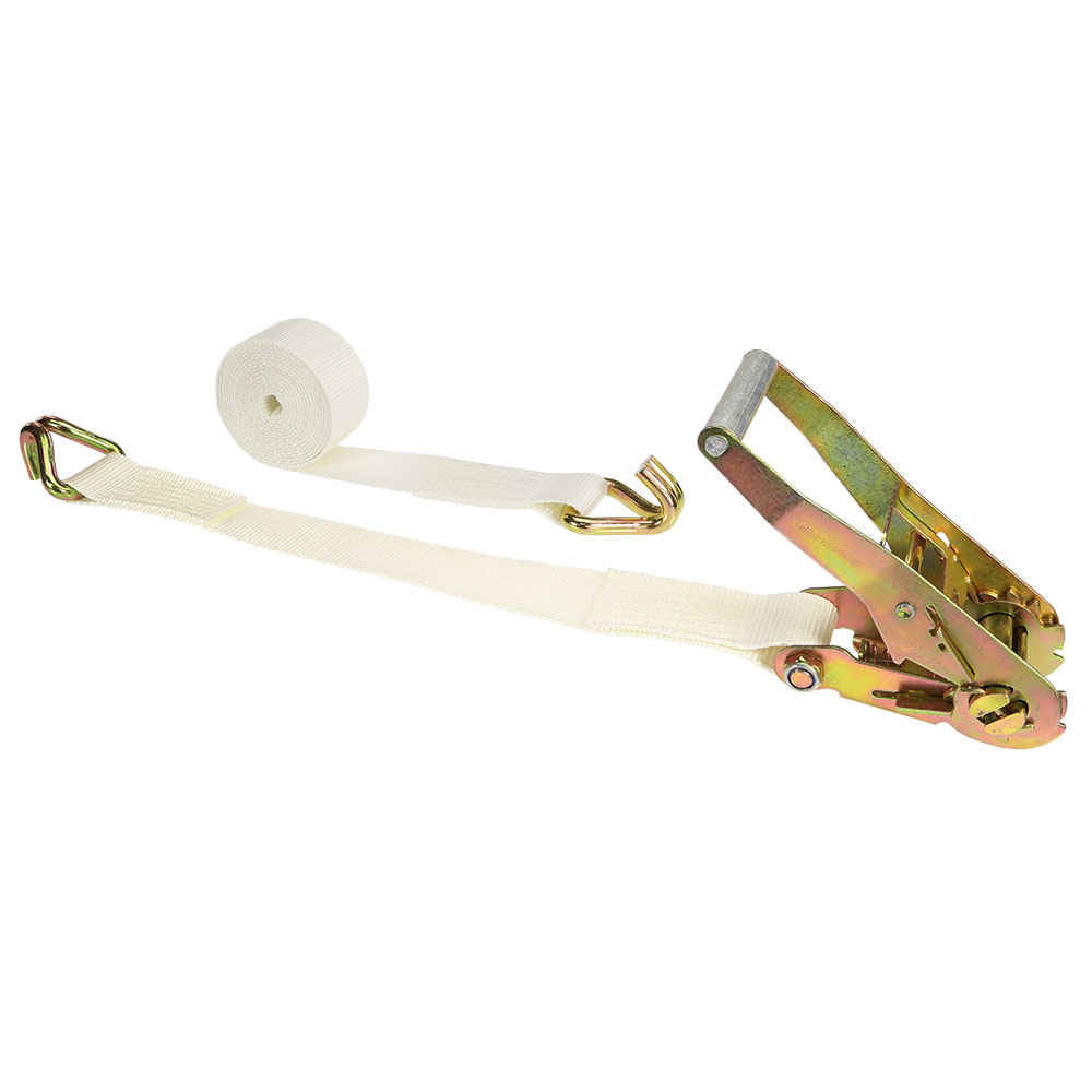 2" x 15' White Tent Ratchet Strap w/ Double J Wire Hooks