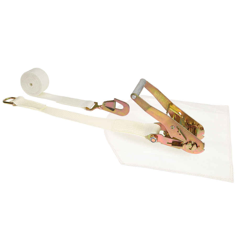 2" x 15' White Tent Strap w/ Cover, 5K Twisted Snap Hook & Double D-Ring