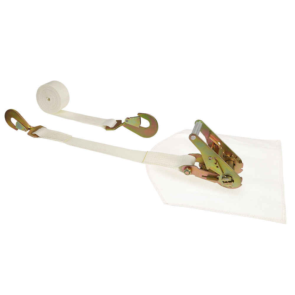 2" x 16' White Tent Ratchet Strap w/ Cover & 5K Twisted Snap Hooks