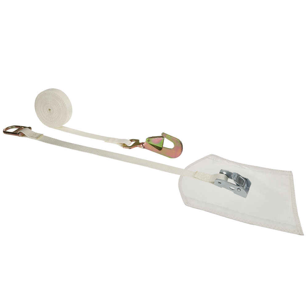 1" x 15' White Tent Cam Strap w/ Cover, Twisted Hook & Double D-Ring