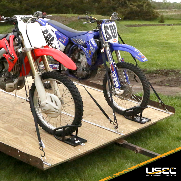 narrow L-Tracks in use for stabling motorcycles on trailer