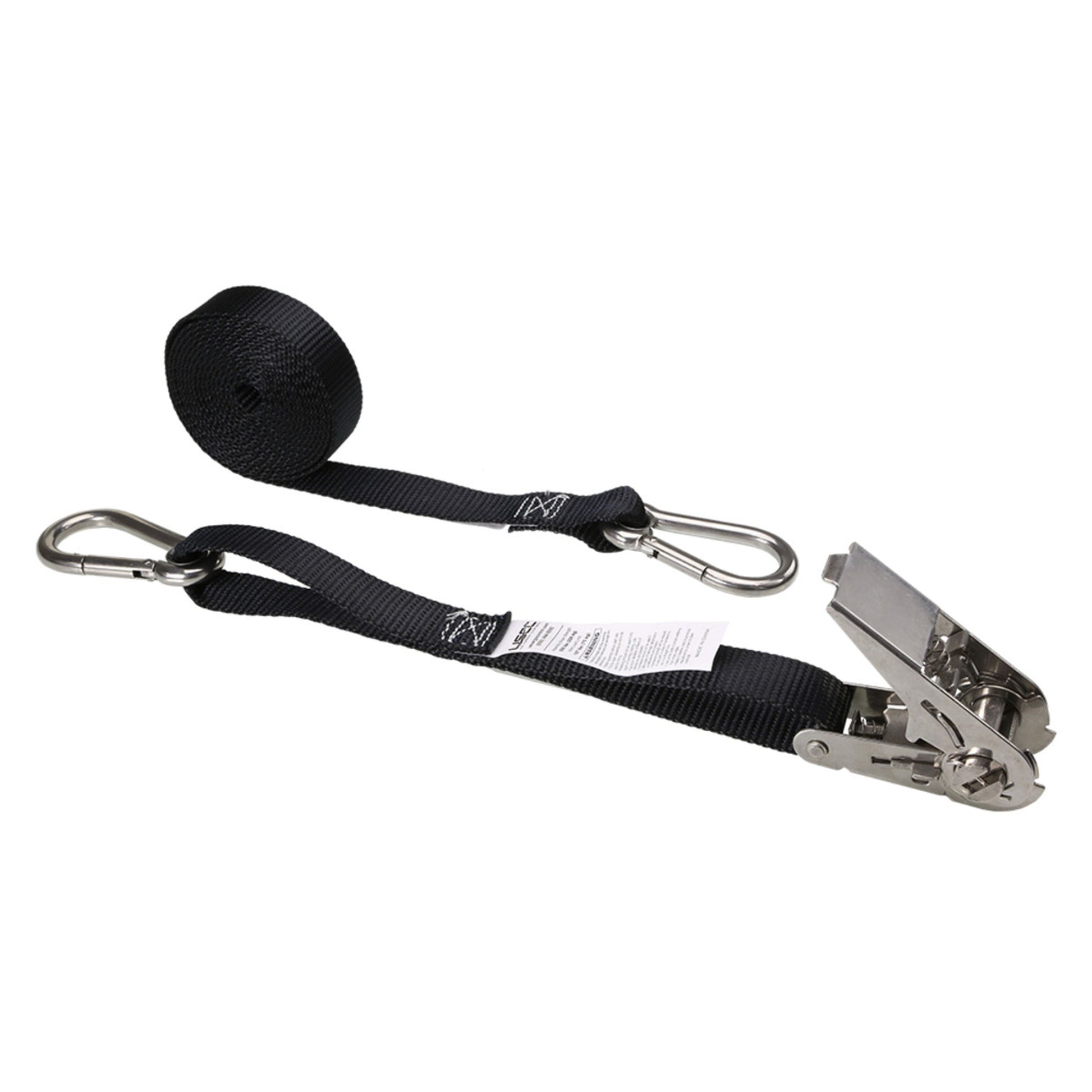 1" x 10' Black Stainless Steel Thumb Ratchet Strap w/ Carabiner Clips image 1 of 10