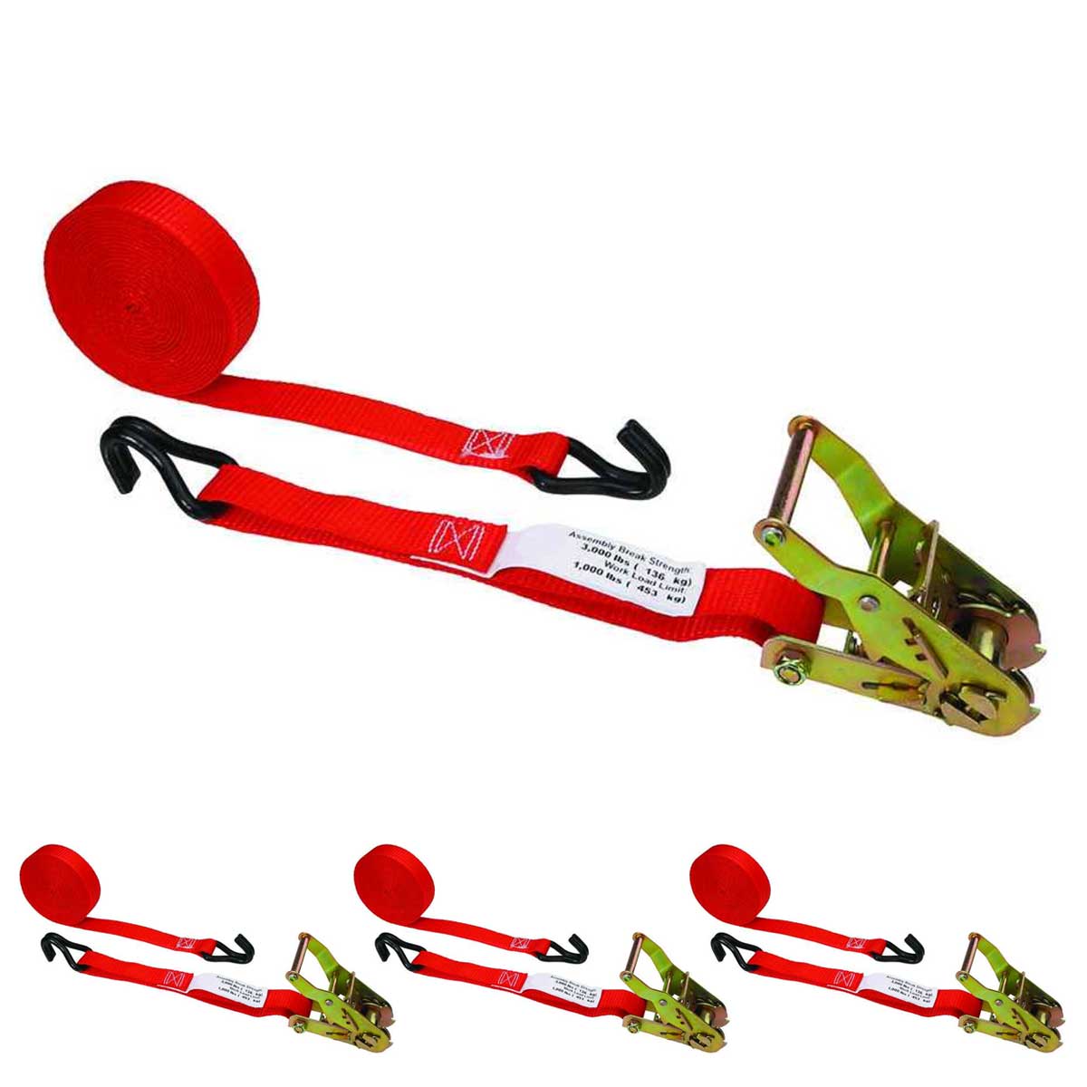 1" x 15' Ratchet Strap w/ Vinyl Coated Wire Hooks | 4-Pack