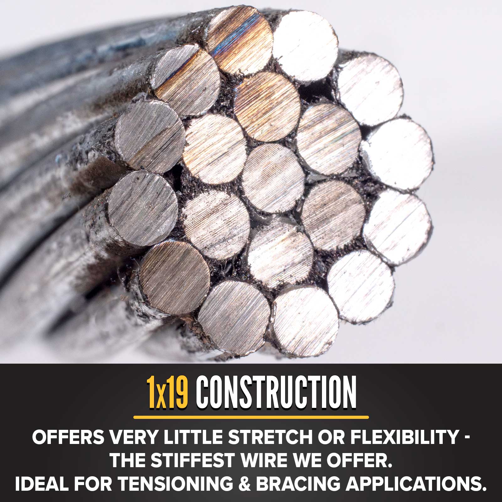 7/8" 1x19 guy cable is flex and stretch resistant