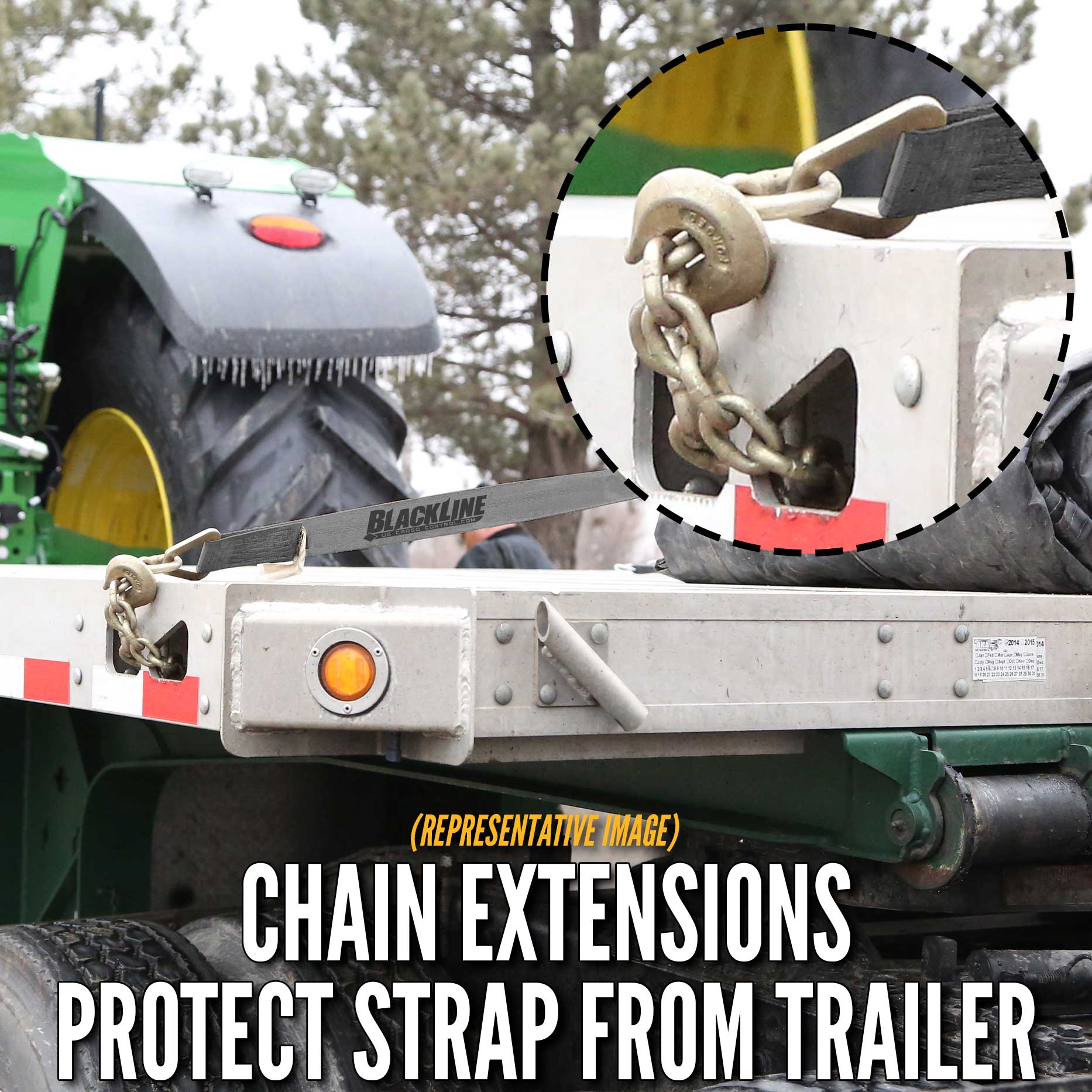 30' heavy-duty ratchet strap -  chain ends protect strap from trailer