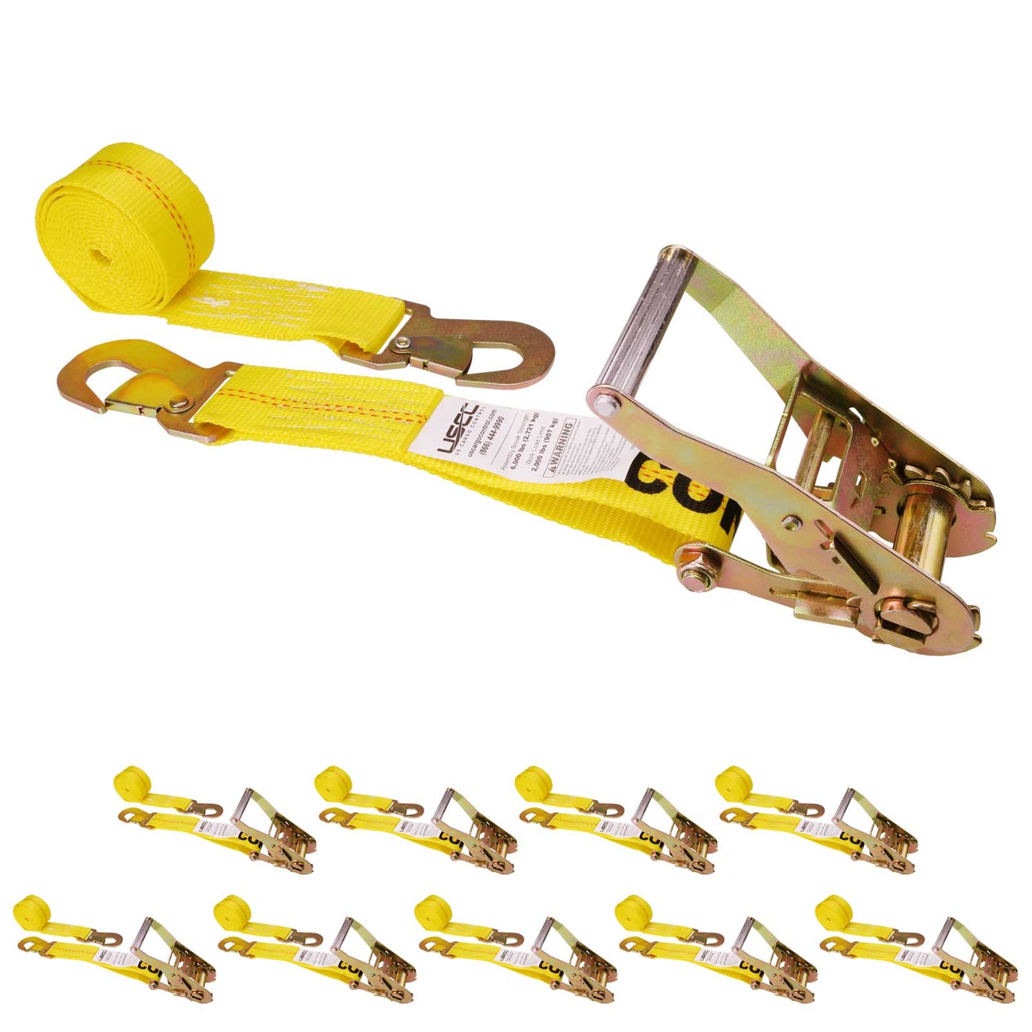 8' ratchet strap -  2" yellow flat snap hook ratchet strap