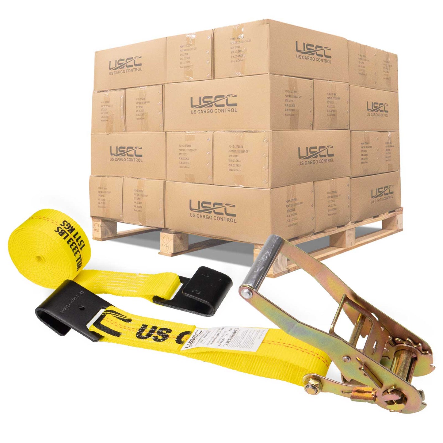 2" x 27' Ratchet Strap with Flat Hooks | Yellow | 320-Pack (Pallet)