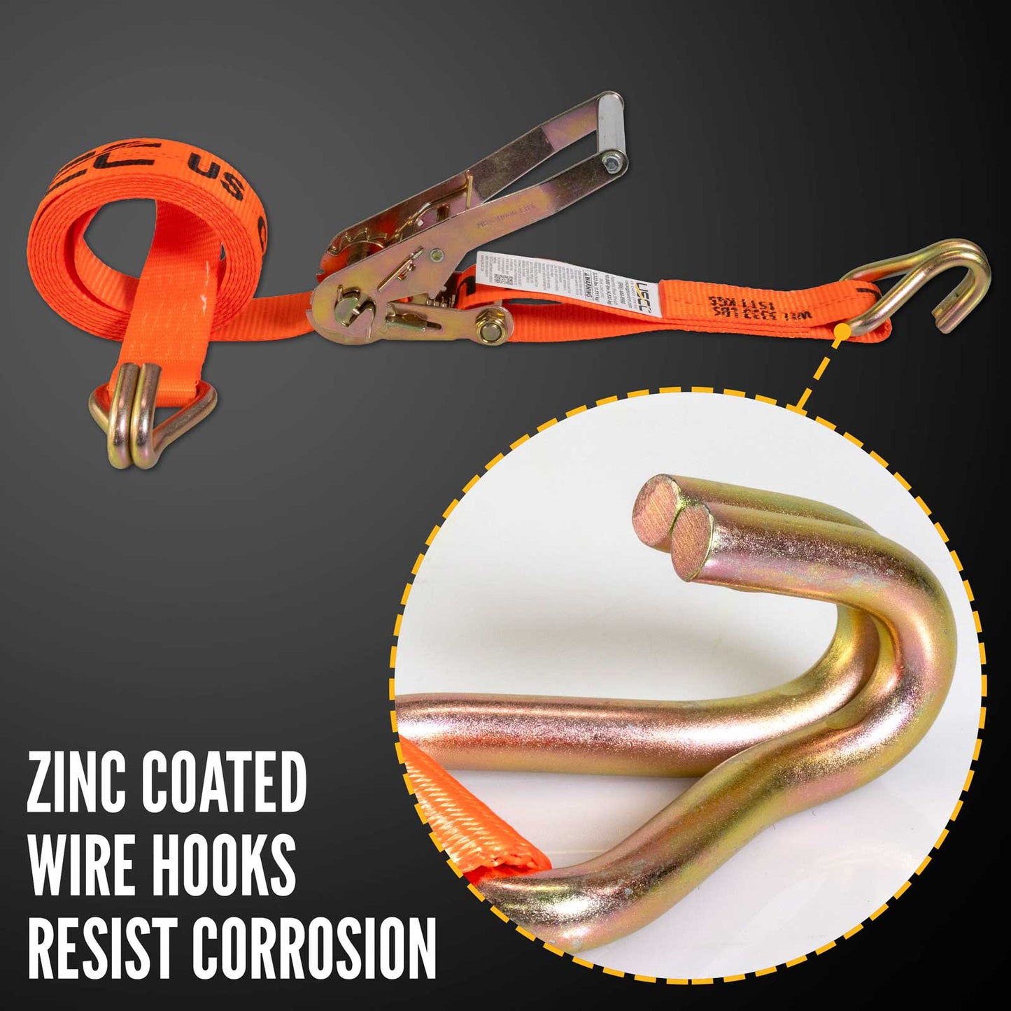 2" x 12' Ratchet Strap with Long Wire / Double J-Hooks | Orange