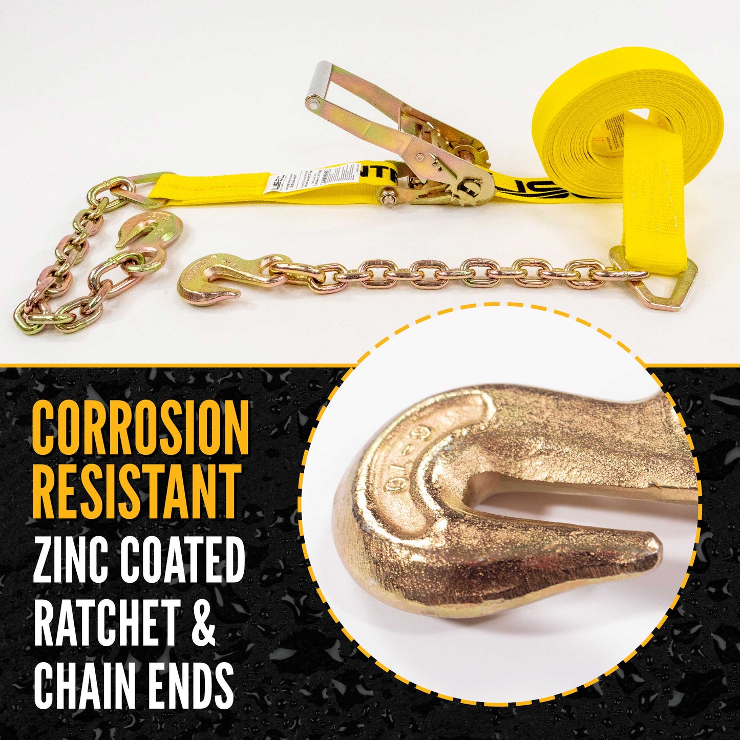 30' ratchet strap -  zinc coated hardware resists corrosion