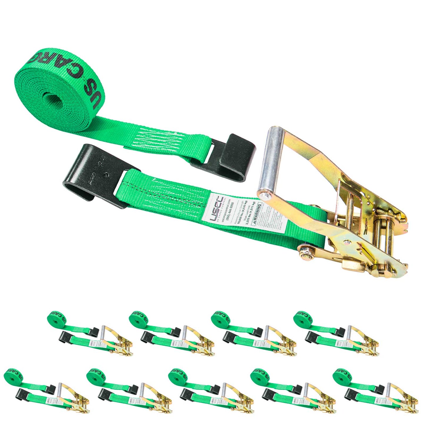 30' ratchet strap -  2" green flat hook ratchet strap