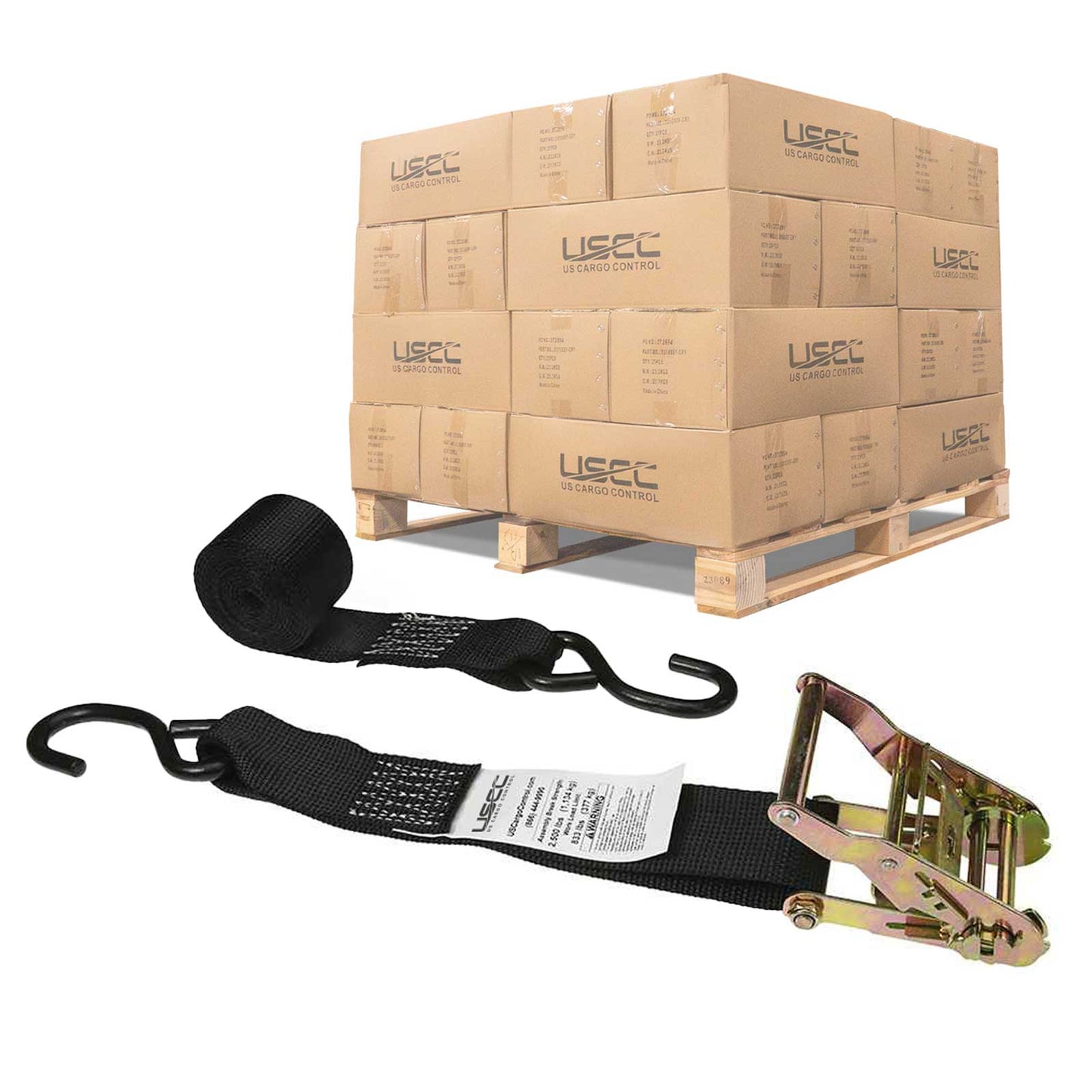 2" x 8' Ratchet Strap with Vinyl Coated S-Hooks | Black | 800-Pack (Pallet)