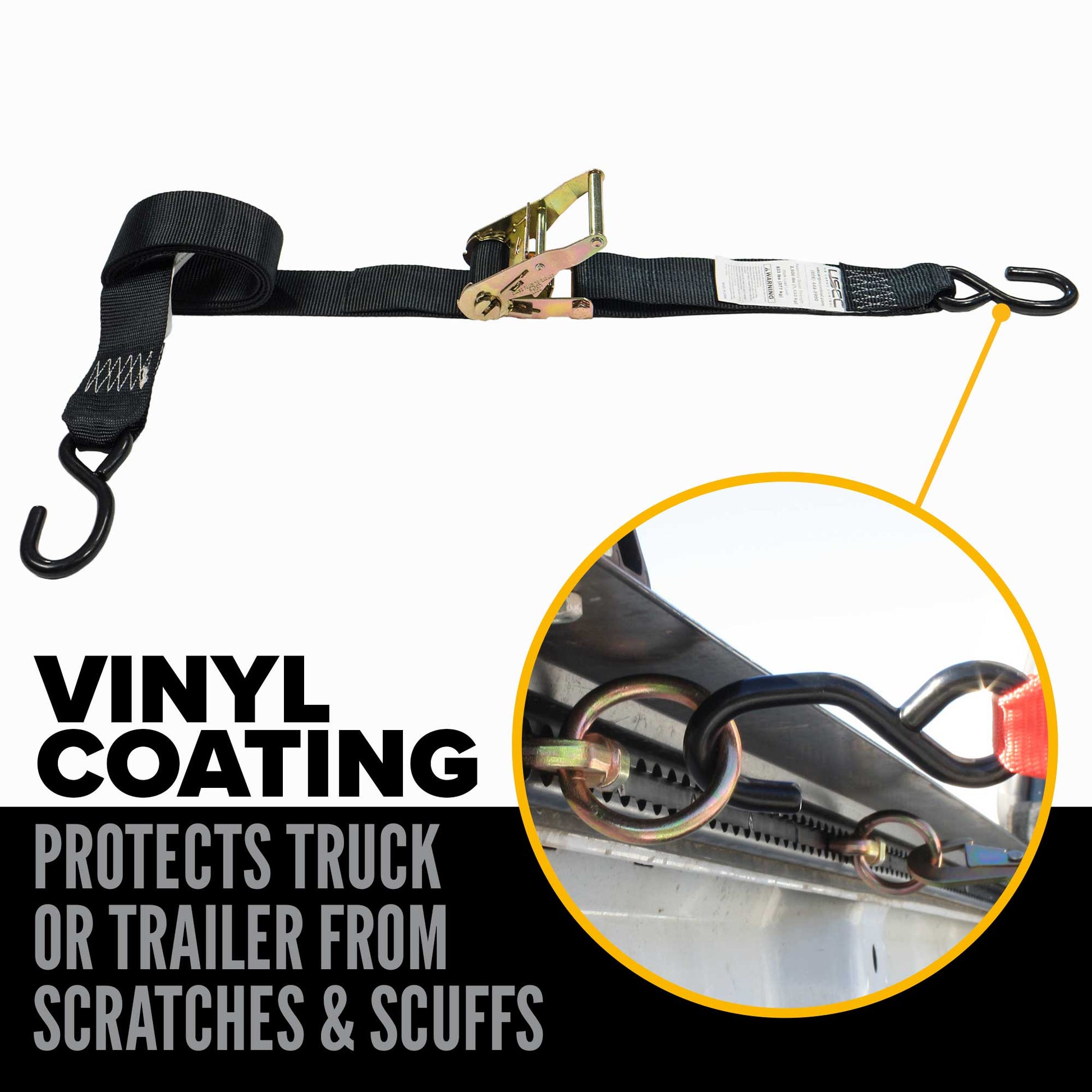 8' ratchet strap -  vinyl coated s hooks protects truck from scratches