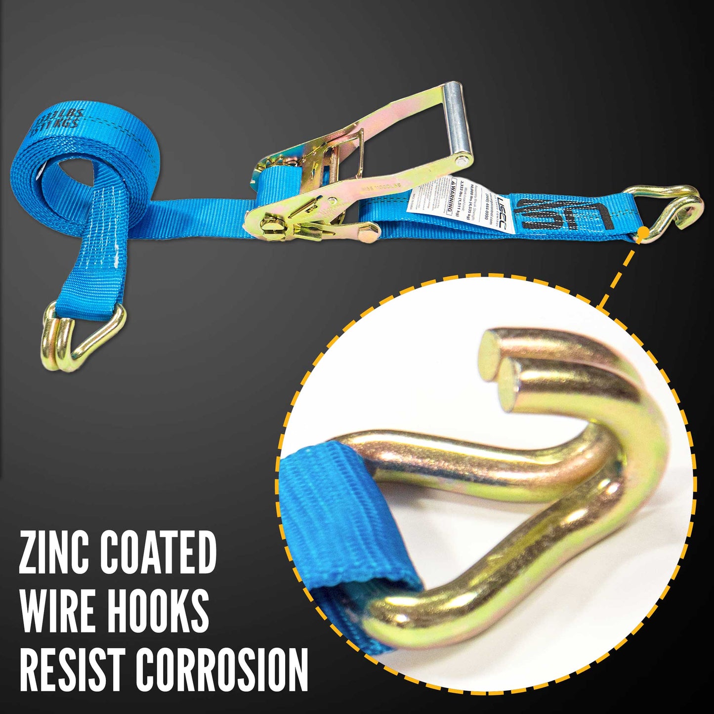 24' ratchet strap -  zinc coated wire hooks resist corrosion