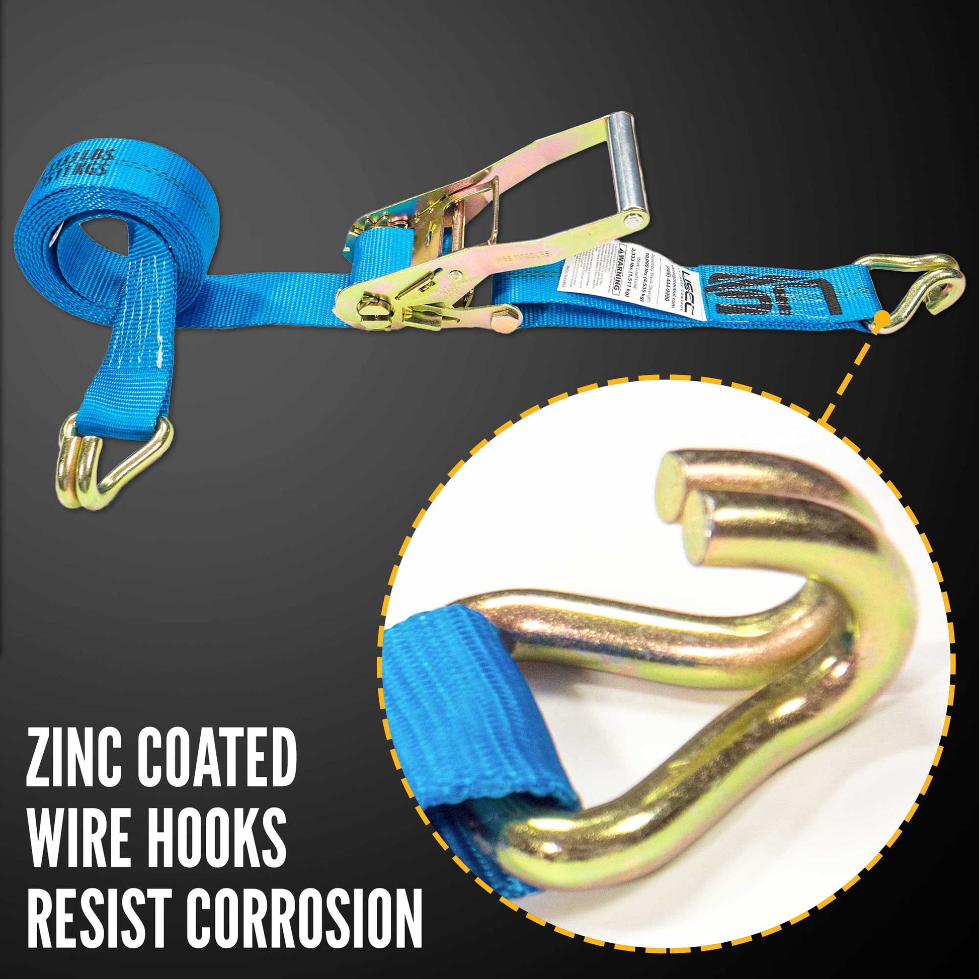 27' ratchet strap -  zinc coated wire hooks resist corrosion