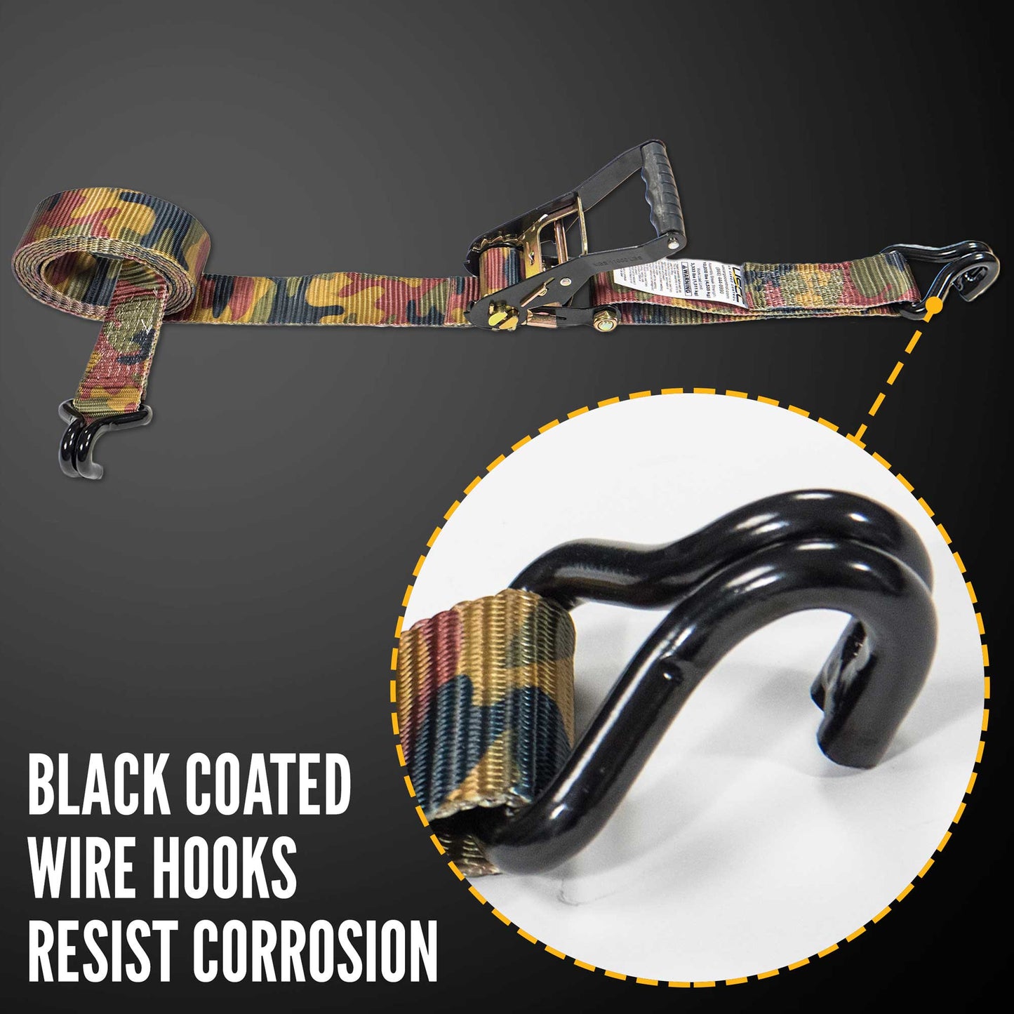 27' ratchet strap -  zinc coated wire hooks resist corrosion