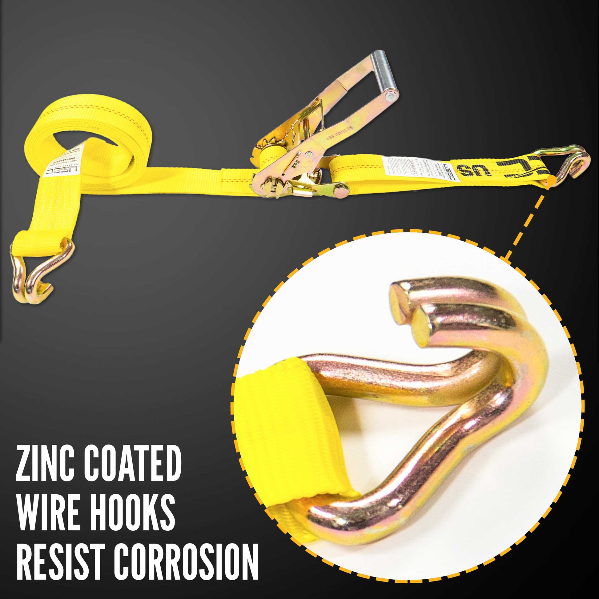 50' ratchet strap -  zinc coated wire hooks resist corrosion