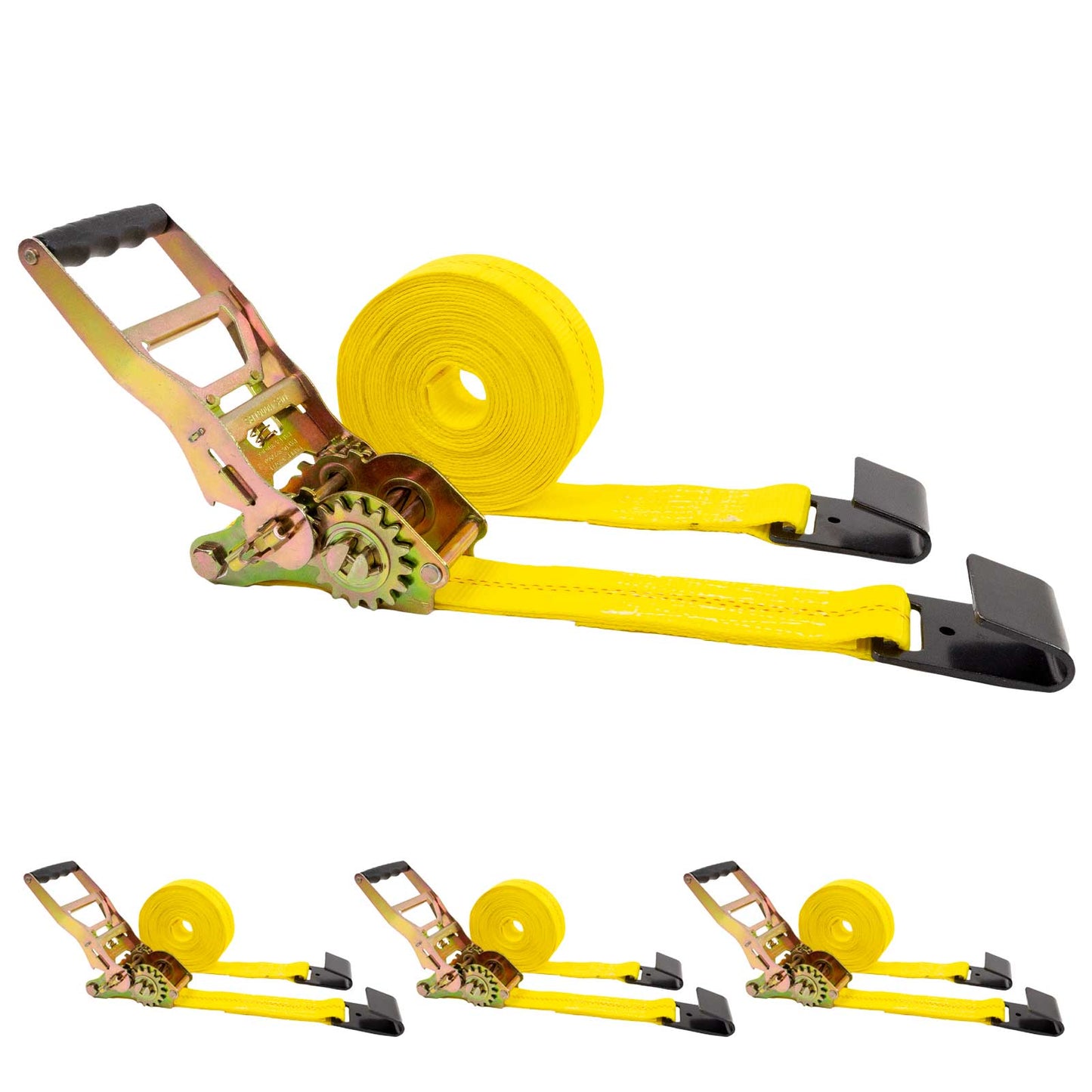 2" x 30' Gear-Driving Reverse-Action Ratchet Strap with Flat Hooks | Yellow | 4-Pack